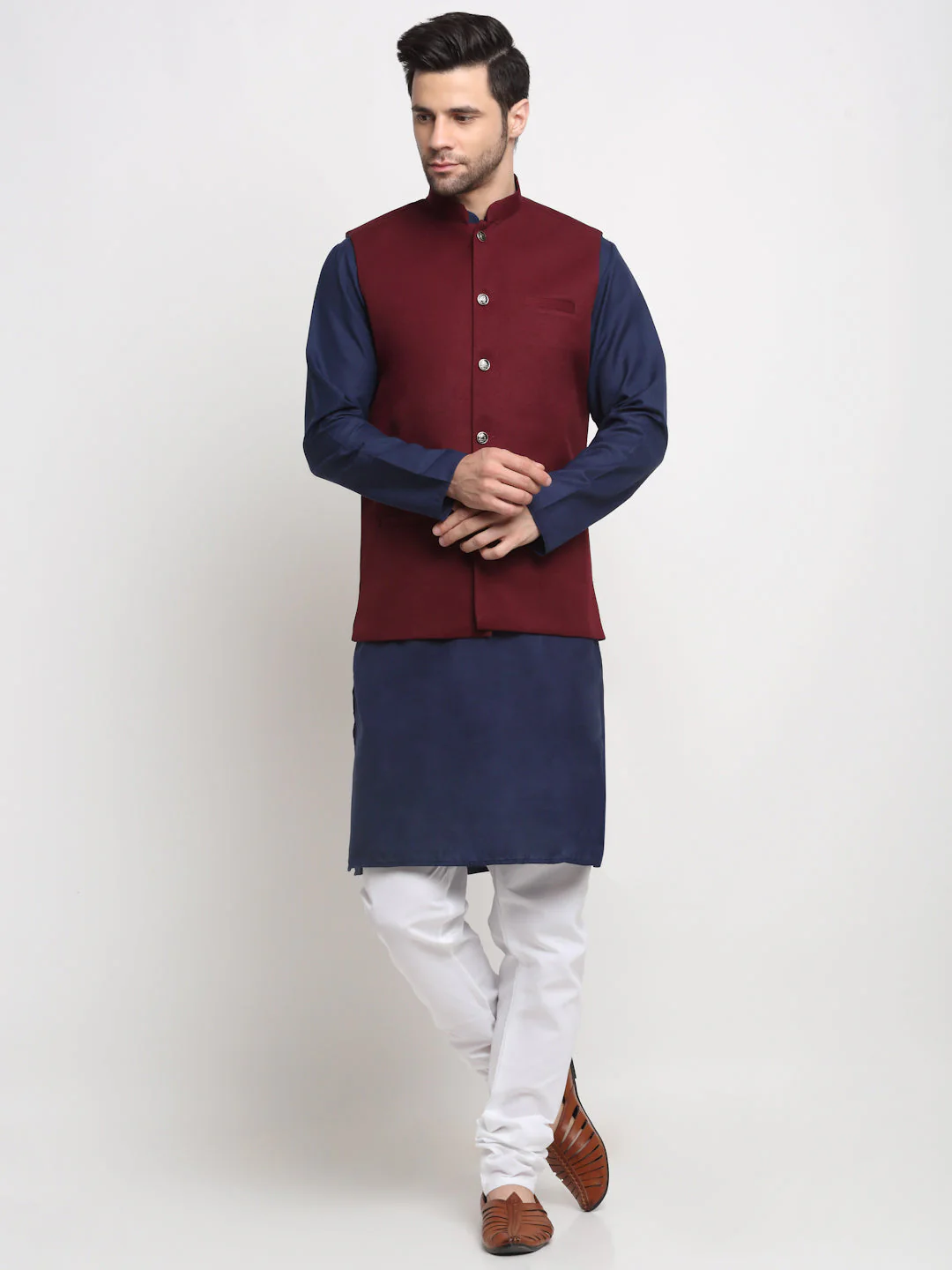 KRAFT INDIA Men's Cotton Solid Navy Blue Kurta Churidar With Twill Nehru Jacket Set - Image 113