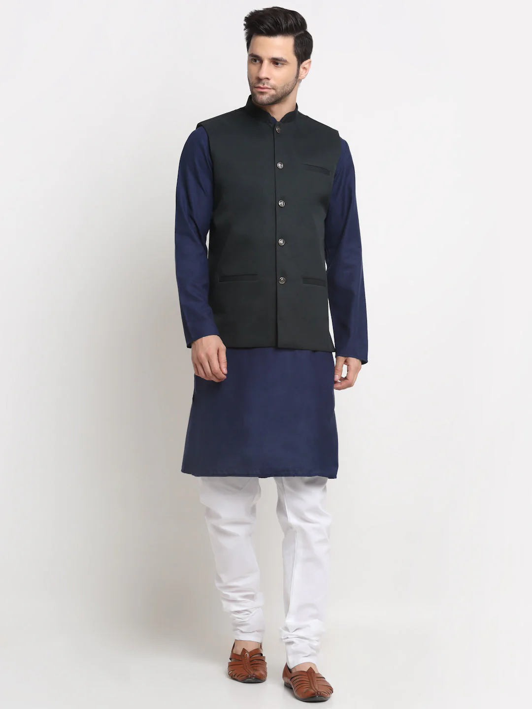 KRAFT INDIA Men's Cotton Solid Navy Blue Kurta Churidar With Twill Nehru Jacket Set - Image 120