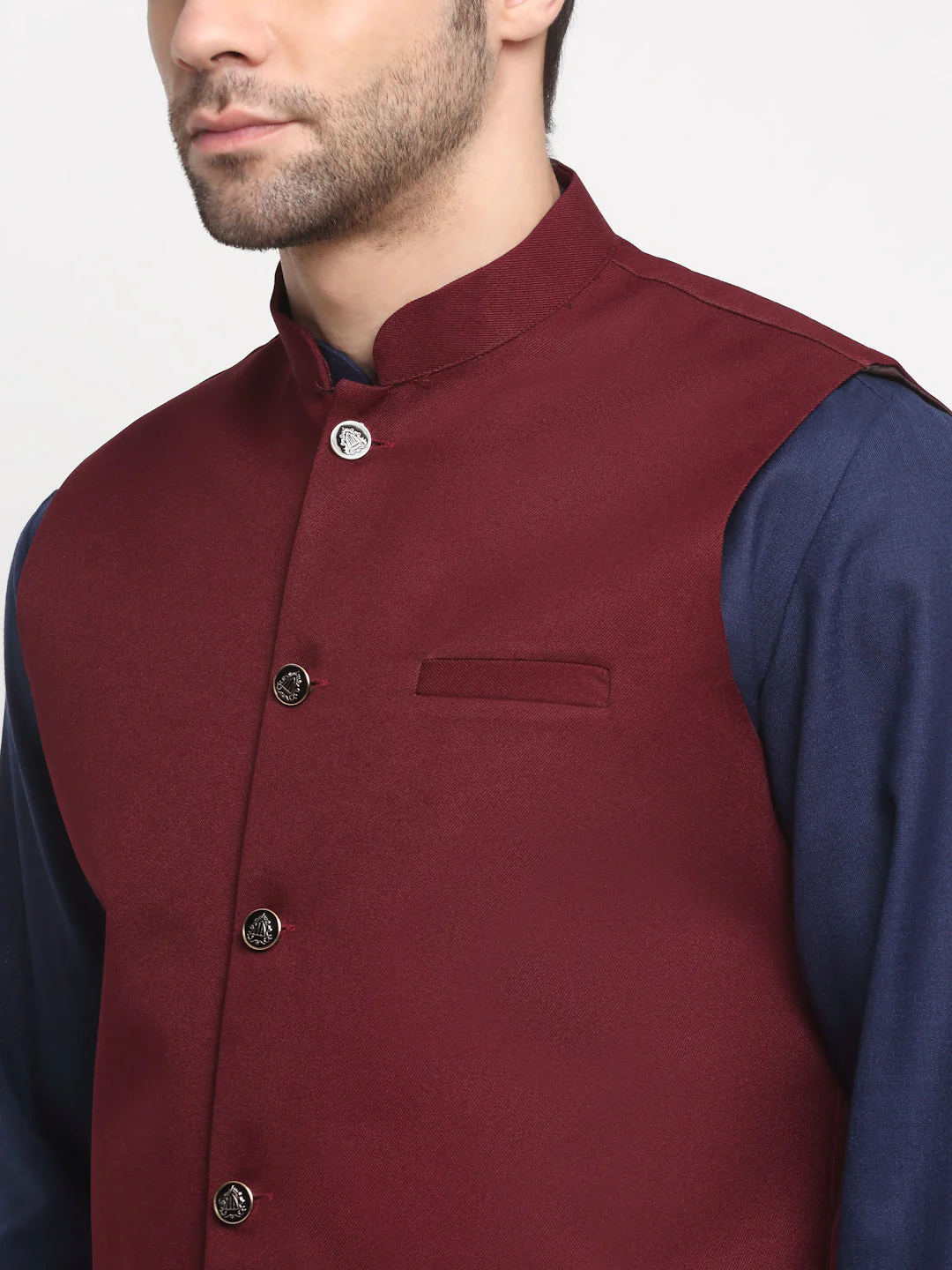 KRAFT INDIA Men's Cotton Solid Navy Blue Kurta Churidar With Twill Nehru Jacket Set - Image 13