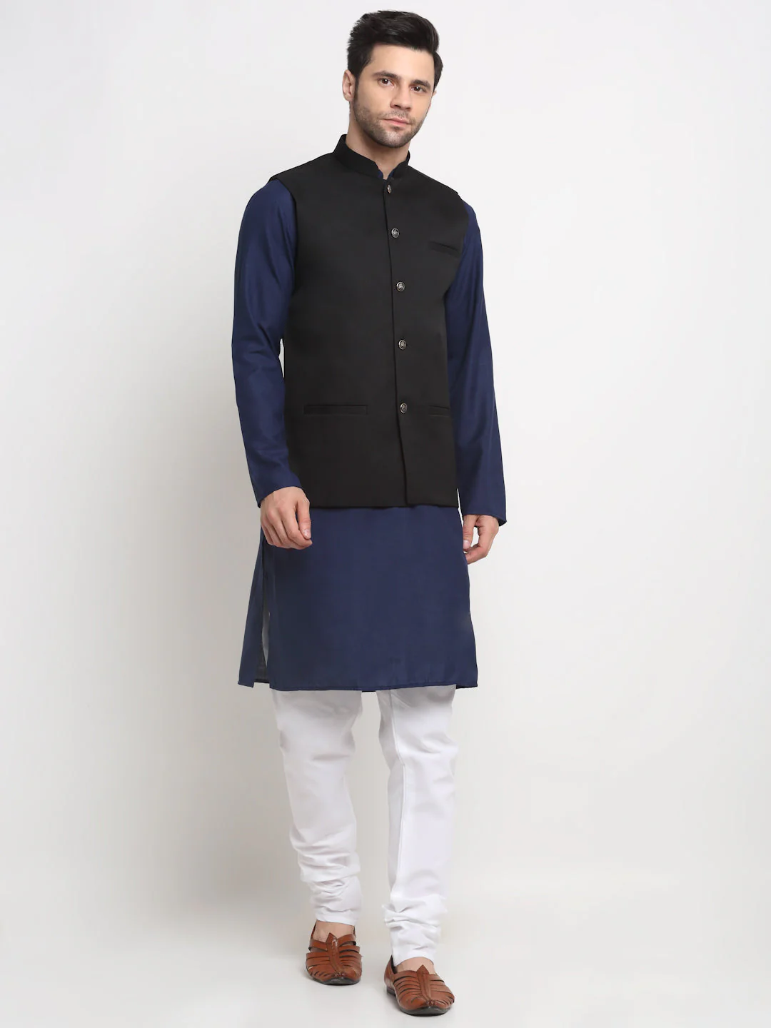 KRAFT INDIA Men's Cotton Solid Navy Blue Kurta Churidar With Twill Nehru Jacket Set - Image 150