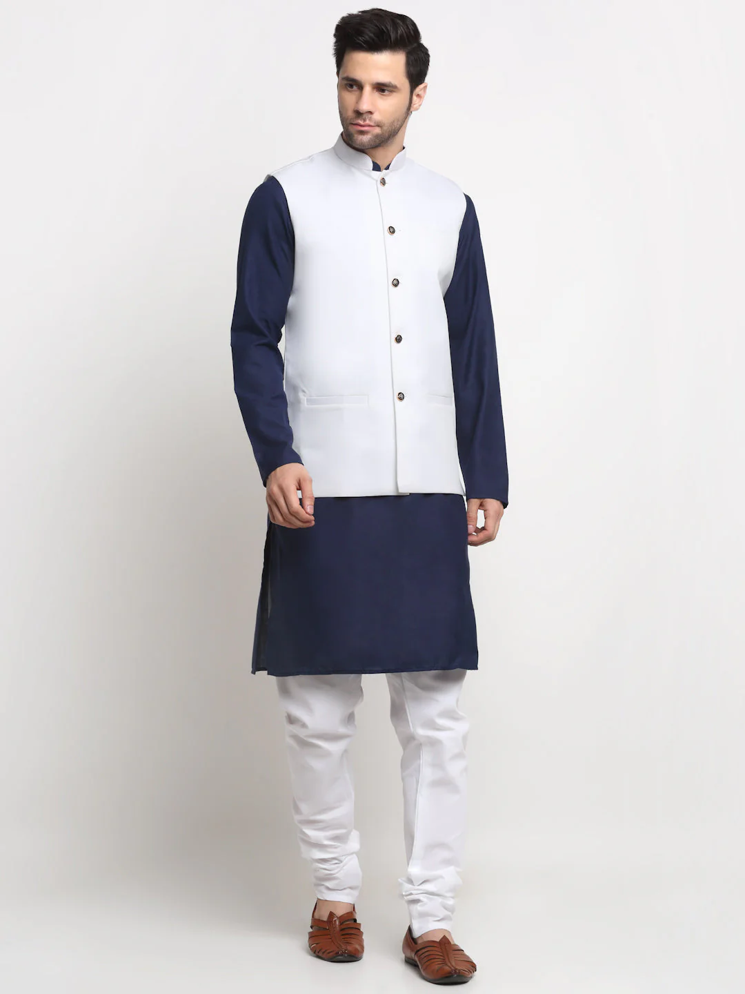KRAFT INDIA Men's Cotton Solid Navy Blue Kurta Churidar With Twill Nehru Jacket Set - Image 206