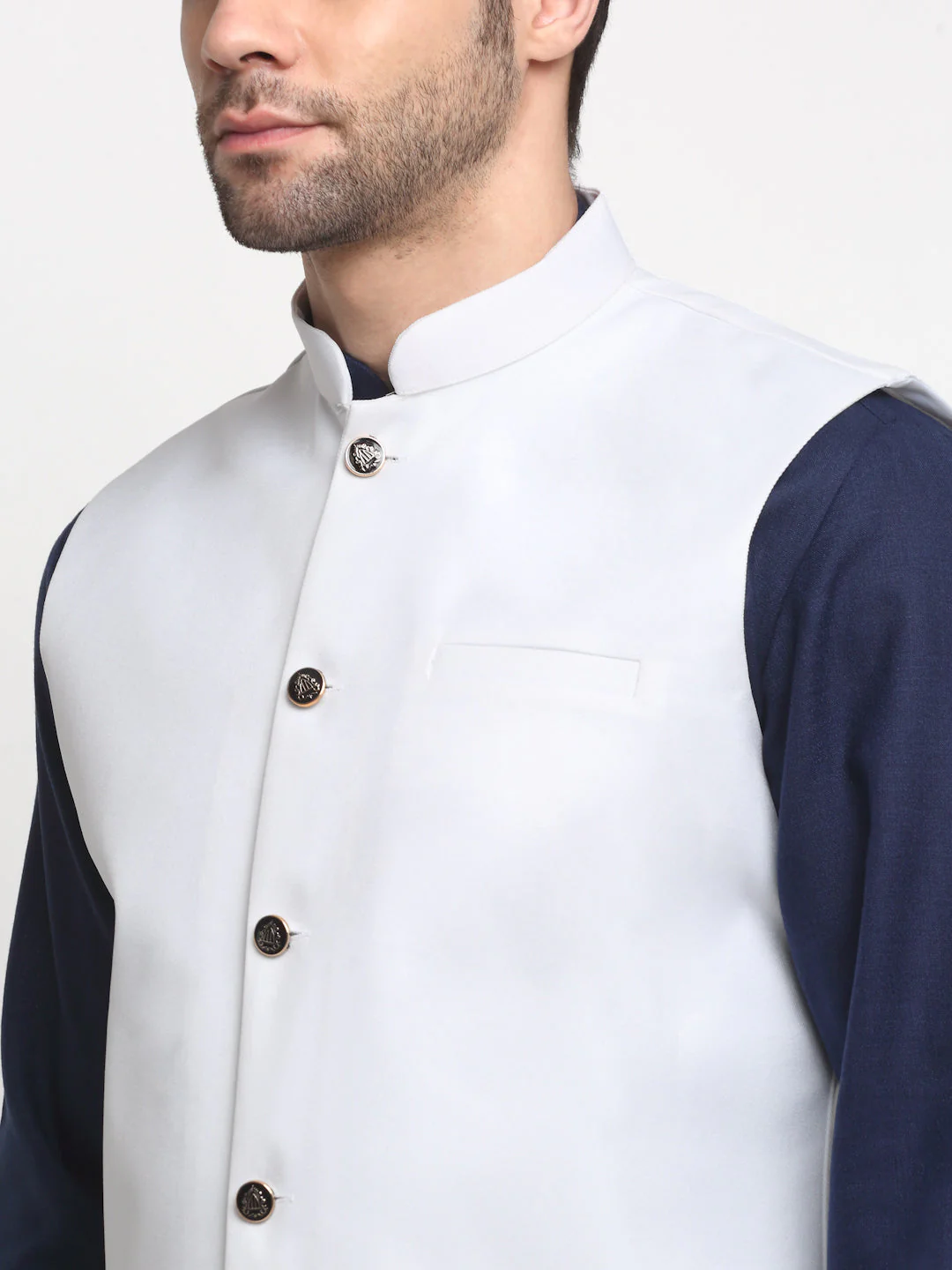 KRAFT INDIA Men's Cotton Solid Navy Blue Kurta Churidar With Twill Nehru Jacket Set - Image 22