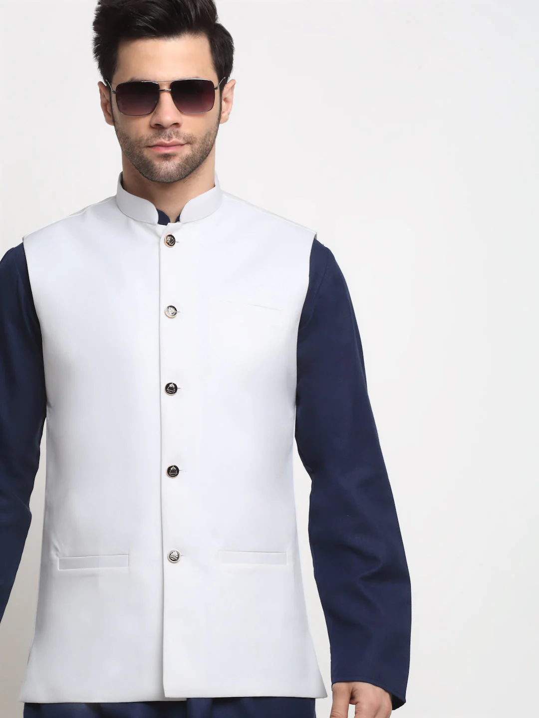 KRAFT INDIA Men's Cotton Solid Navy Blue Kurta Churidar With Twill Nehru Jacket Set - Image 23