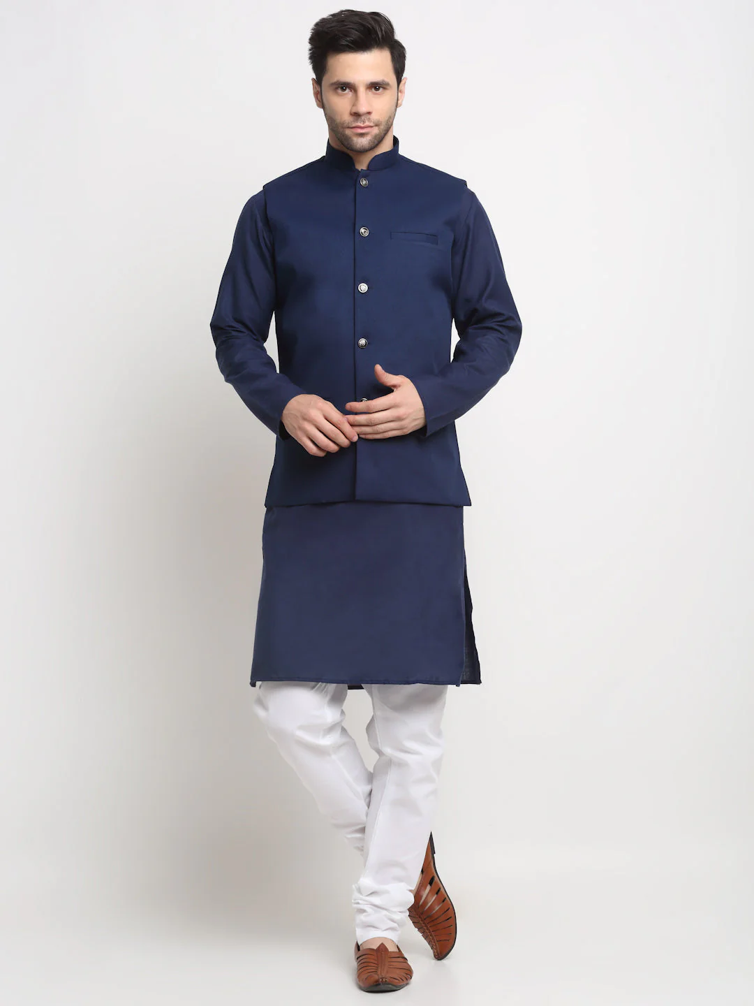 KRAFT INDIA Men's Cotton Solid Navy Blue Kurta Churidar With Twill Nehru Jacket Set - Image 230