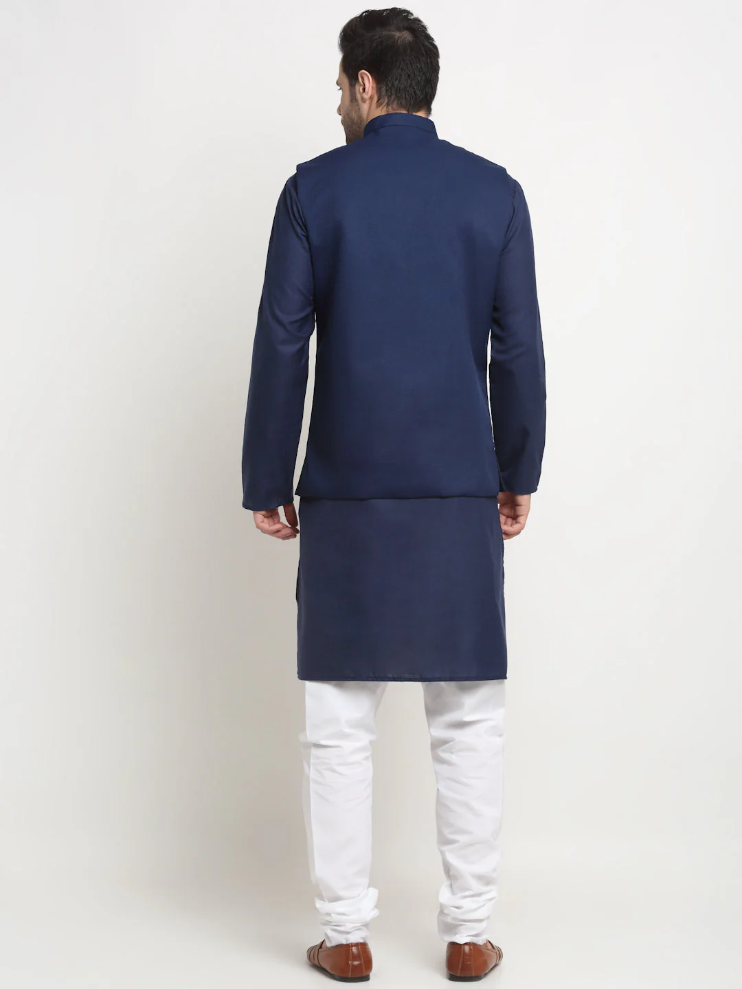 KRAFT INDIA Men's Cotton Solid Navy Blue Kurta Churidar With Twill Nehru Jacket Set - Image 29