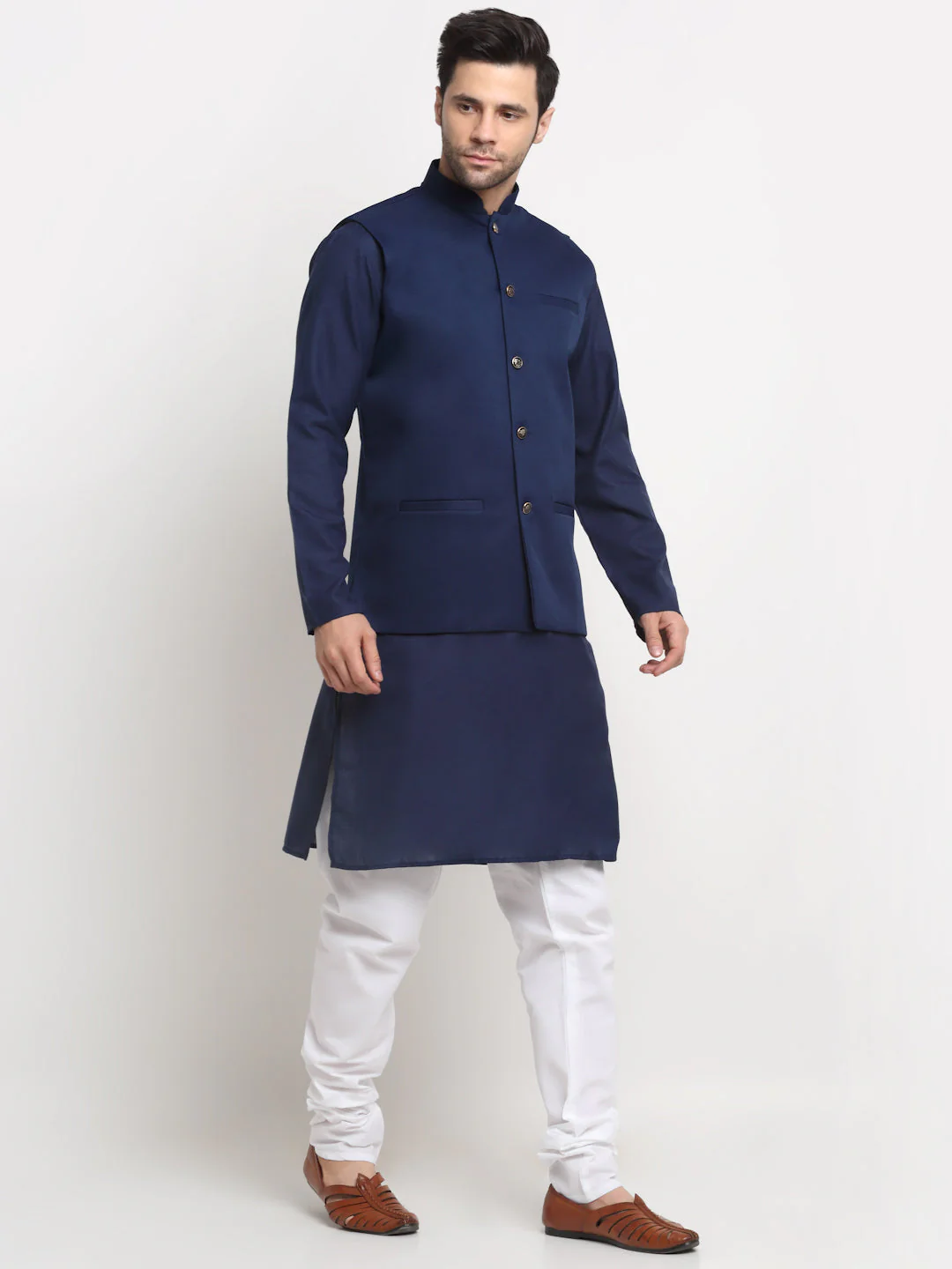 KRAFT INDIA Men's Cotton Solid Navy Blue Kurta Churidar With Twill Nehru Jacket Set - Image 30