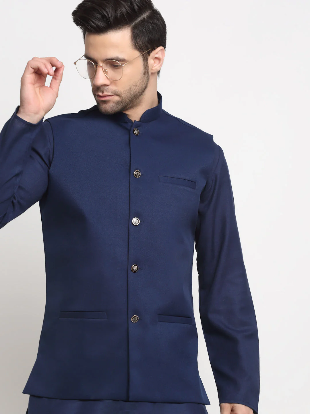 KRAFT INDIA Men's Cotton Solid Navy Blue Kurta Churidar With Twill Nehru Jacket Set - Image 32