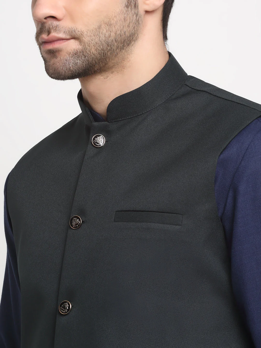 KRAFT INDIA Men's Cotton Solid Navy Blue Kurta Churidar With Twill Nehru Jacket Set - Image 40