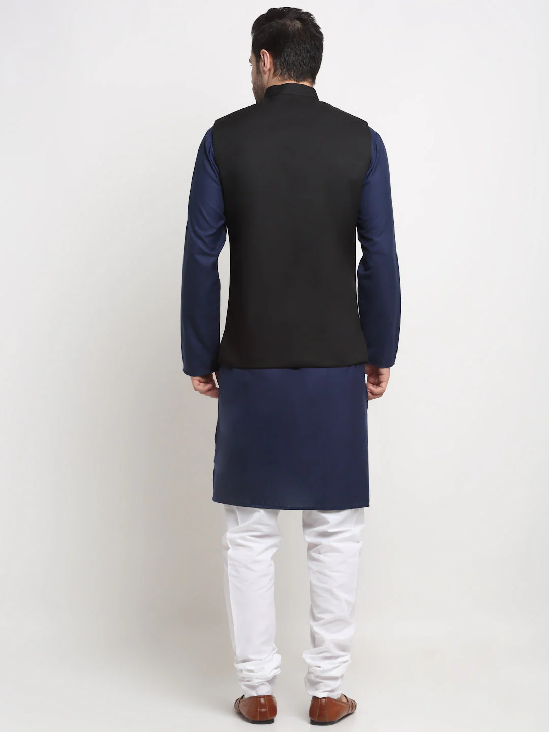 KRAFT INDIA Men's Cotton Solid Navy Blue Kurta Churidar With Twill Nehru Jacket Set - Image 47