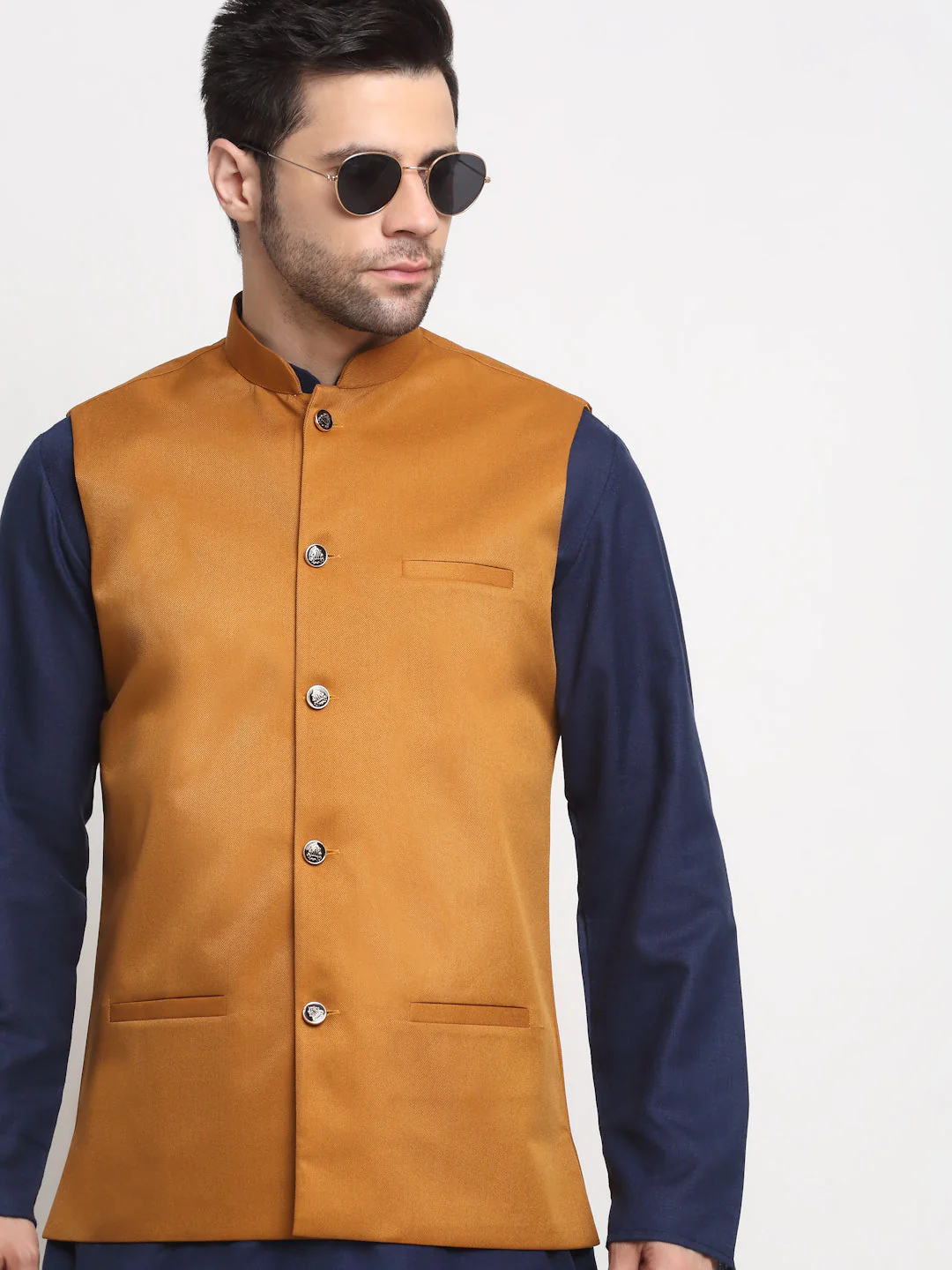 KRAFT INDIA Men's Cotton Solid Navy Blue Kurta Churidar With Twill Nehru Jacket Set - Image 5