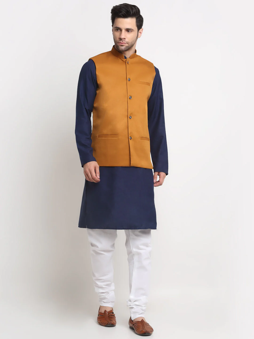 KRAFT INDIA Men's Cotton Solid Navy Blue Kurta Churidar With Twill Nehru Jacket Set - Image 69