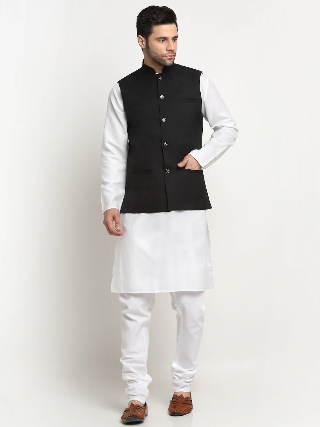 KRAFT INDIA Men's Cotton Solid White Kurta Churidar With Twill Nehru Jacket Set - Image 119