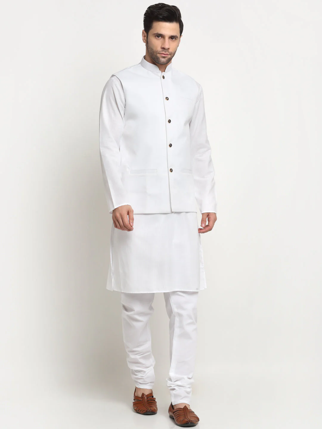 KRAFT INDIA Men's Cotton Solid White Kurta Churidar With Twill Nehru Jacket Set - Image 159