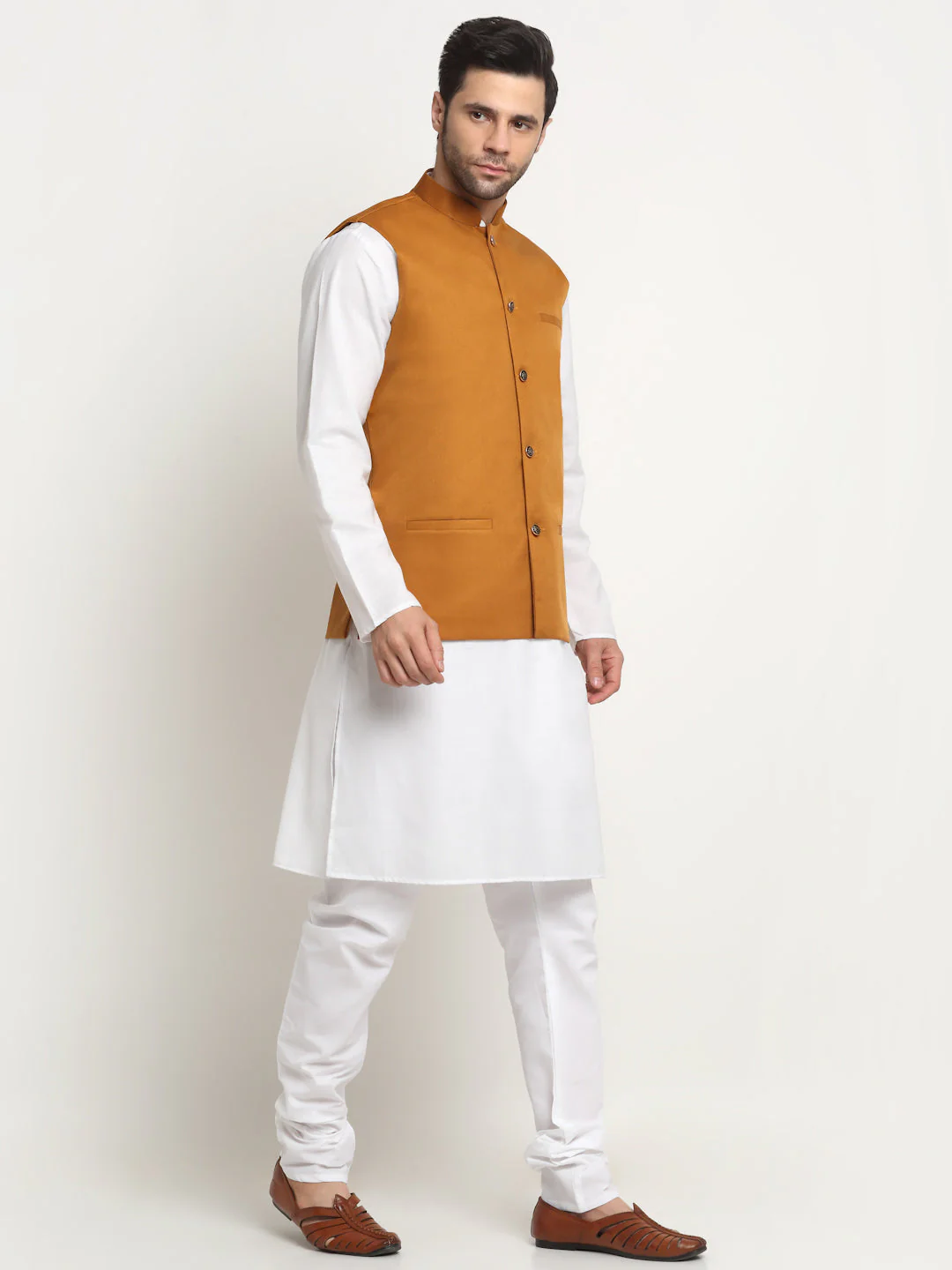 KRAFT INDIA Men's Cotton Solid White Kurta Churidar With Twill Nehru Jacket Set - Image 21