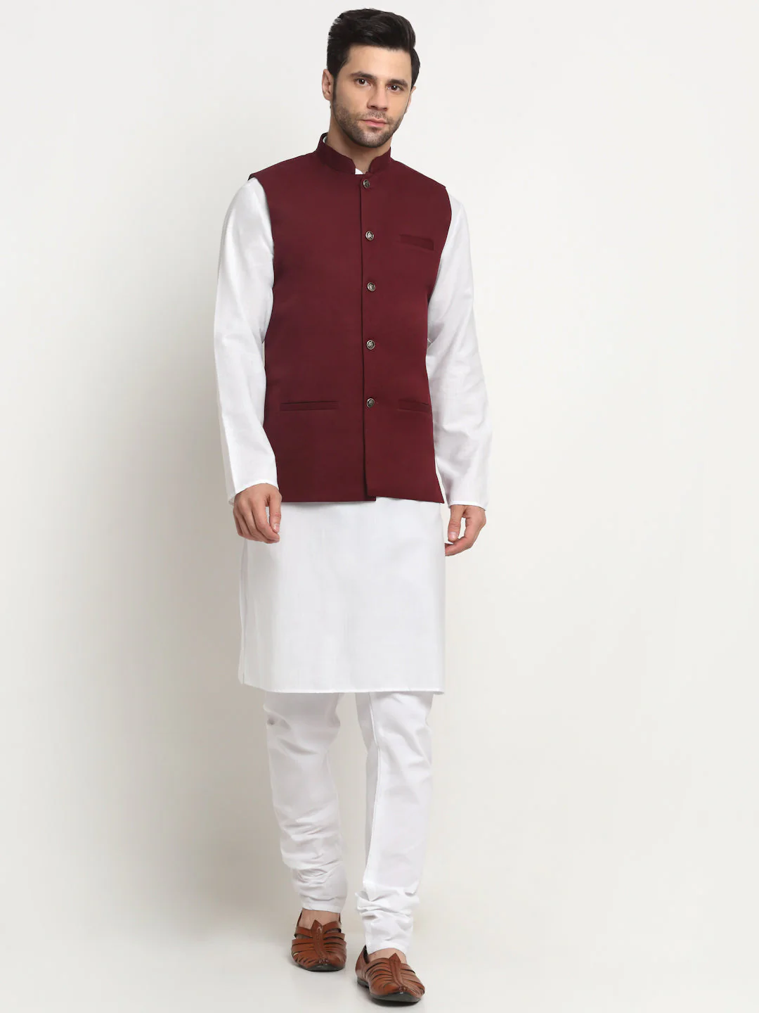KRAFT INDIA Men's Cotton Solid White Kurta Churidar With Twill Nehru Jacket Set - Image 213