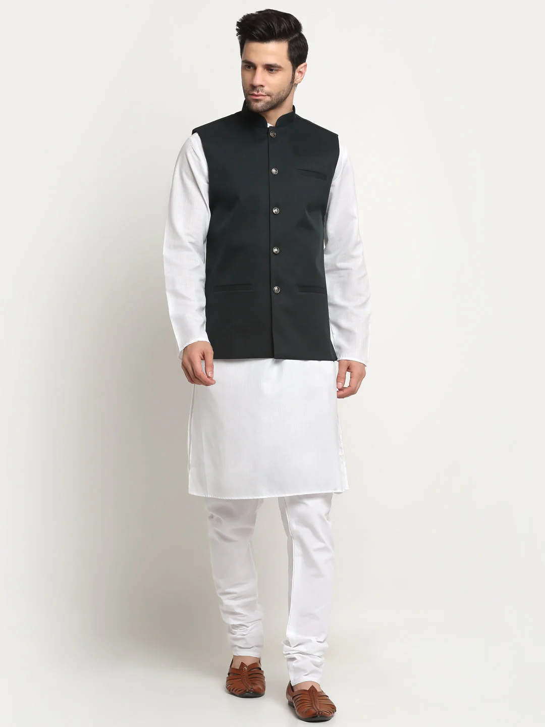 KRAFT INDIA Men's Cotton Solid White Kurta Churidar With Twill Nehru Jacket Set - Image 242