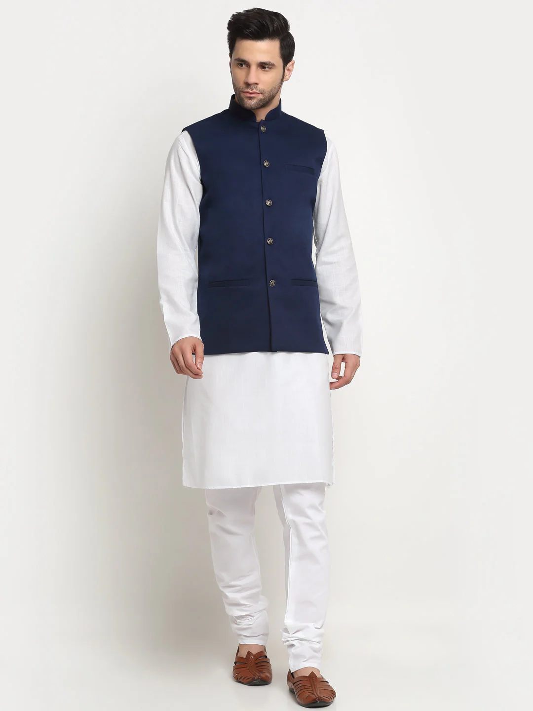KRAFT INDIA Men's Cotton Solid White Kurta Churidar With Twill Nehru Jacket Set - Image 28