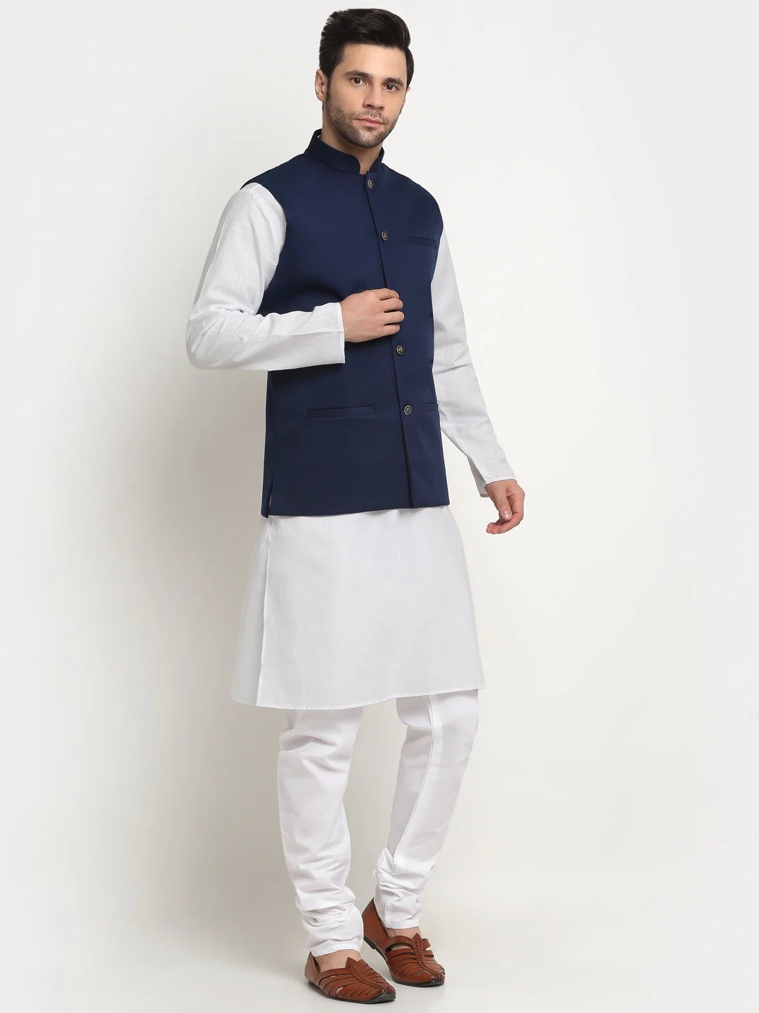 KRAFT INDIA Men's Cotton Solid White Kurta Churidar With Twill Nehru Jacket Set - Image 30