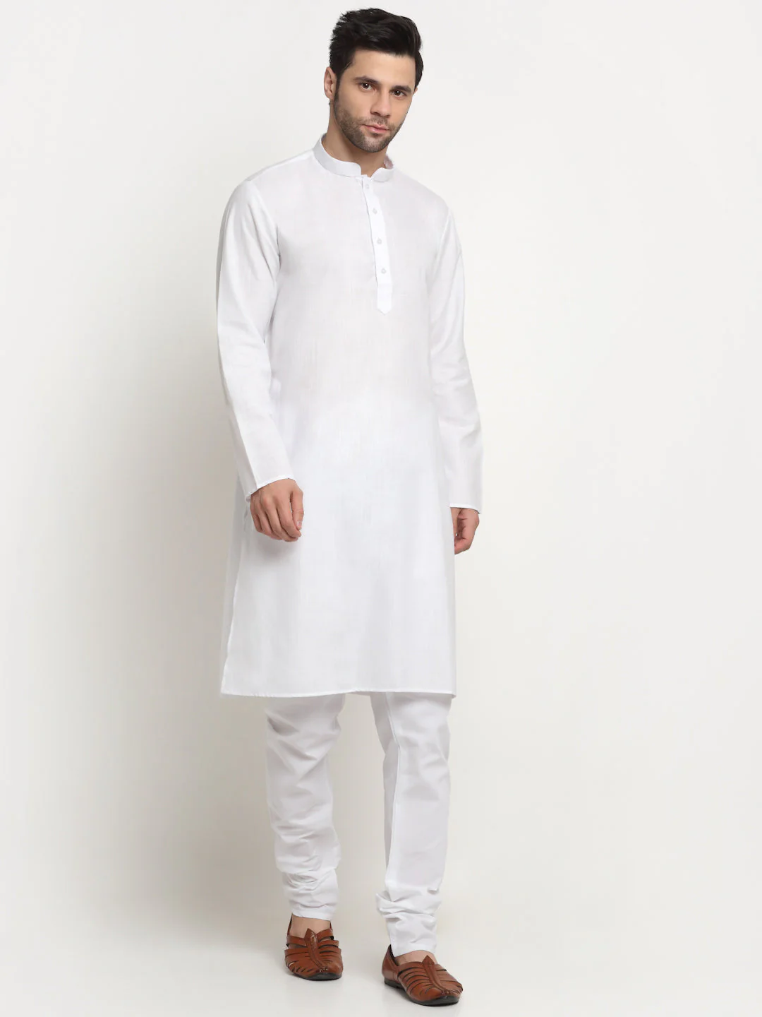 KRAFT INDIA Men's Cotton Solid White Kurta Churidar With Twill Nehru Jacket Set - Image 34
