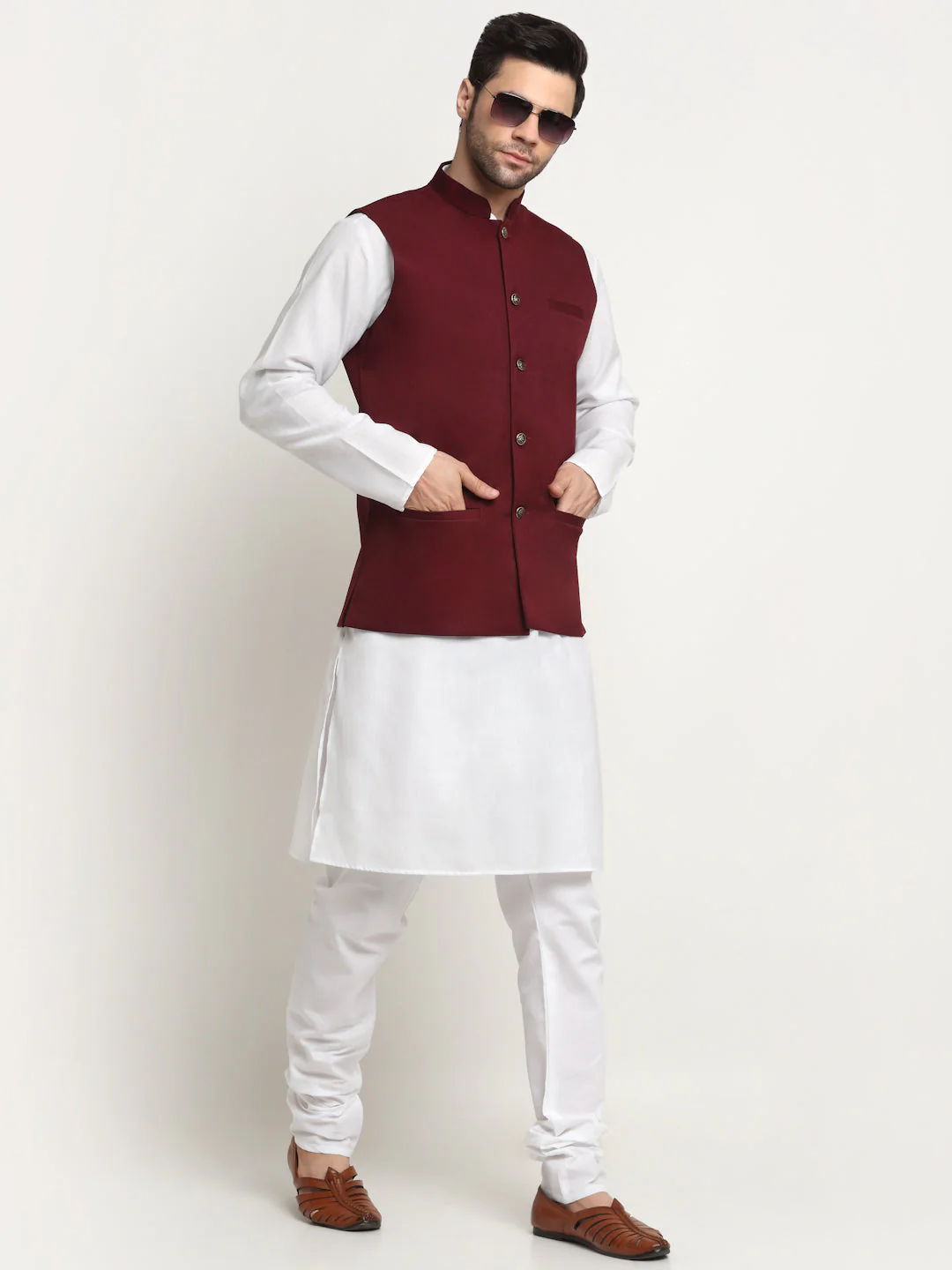 KRAFT INDIA Men's Cotton Solid White Kurta Churidar With Twill Nehru Jacket Set - Image 41