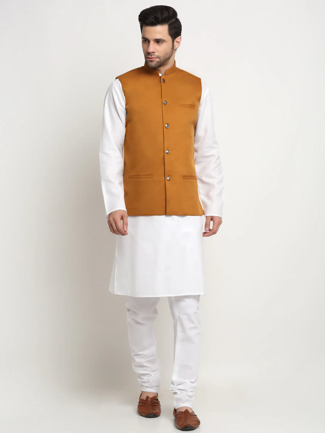 KRAFT INDIA Men's Cotton Solid White Kurta Churidar With Twill Nehru Jacket Set - Image 77