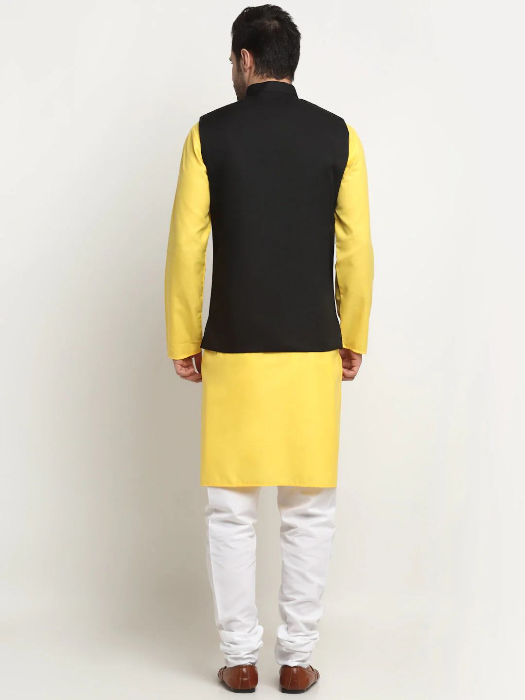 KRAFT INDIA Men's Cotton Solid Yellow Kurta Churidar With Twill Nehru Jacket Set - Image 10