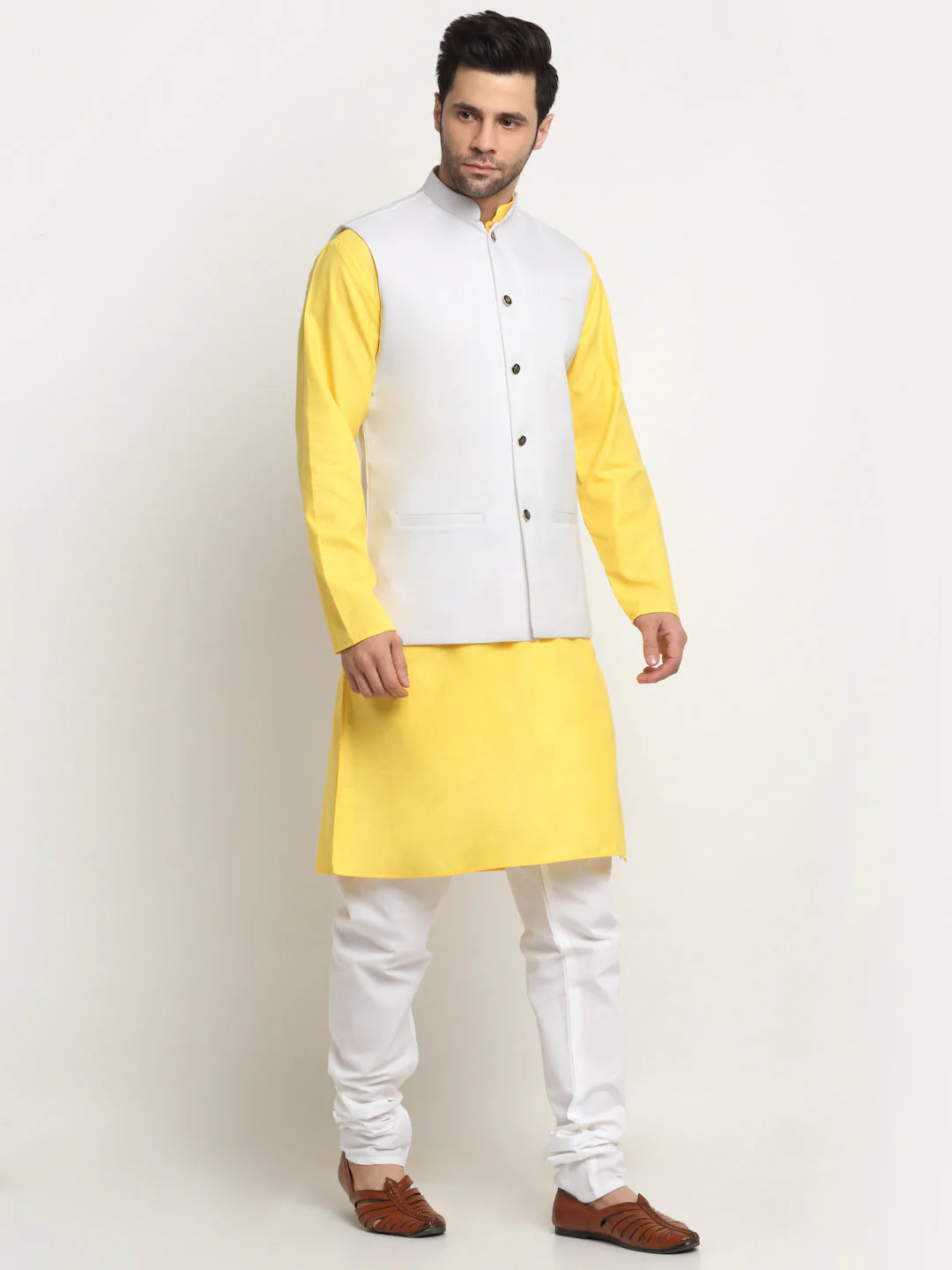 KRAFT INDIA Men's Cotton Solid Yellow Kurta Churidar With Twill Nehru Jacket Set - Image 136