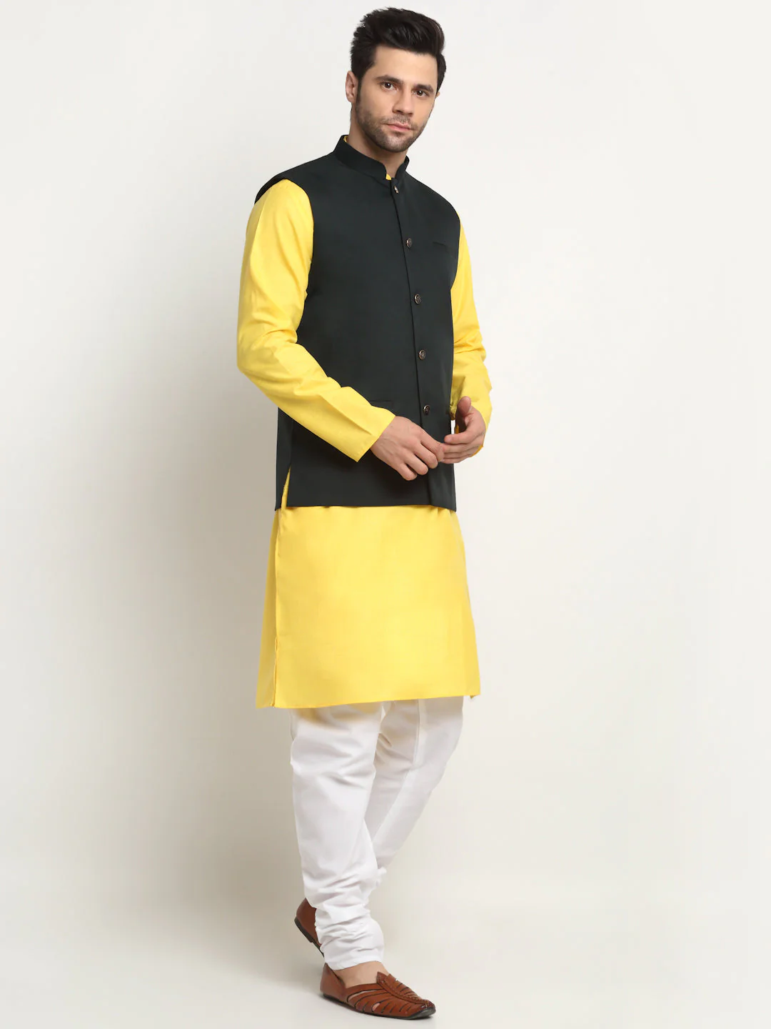 KRAFT INDIA Men's Cotton Solid Yellow Kurta Churidar With Twill Nehru Jacket Set - Image 166