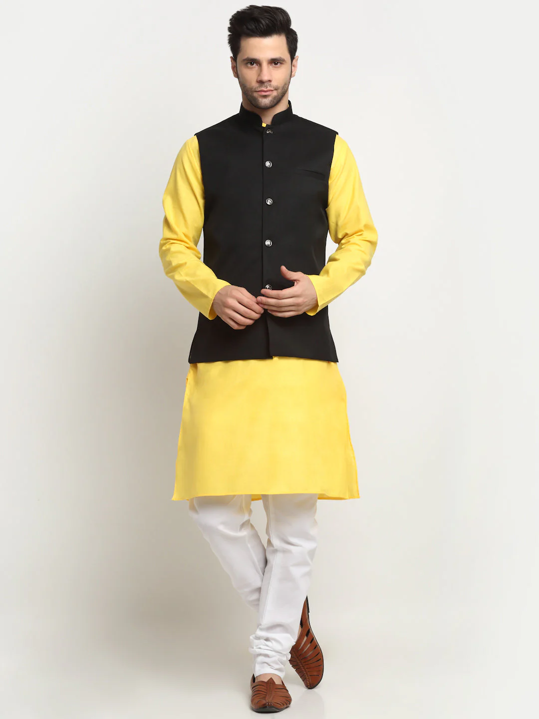 KRAFT INDIA Men's Cotton Solid Yellow Kurta Churidar With Twill Nehru Jacket Set - Image 211
