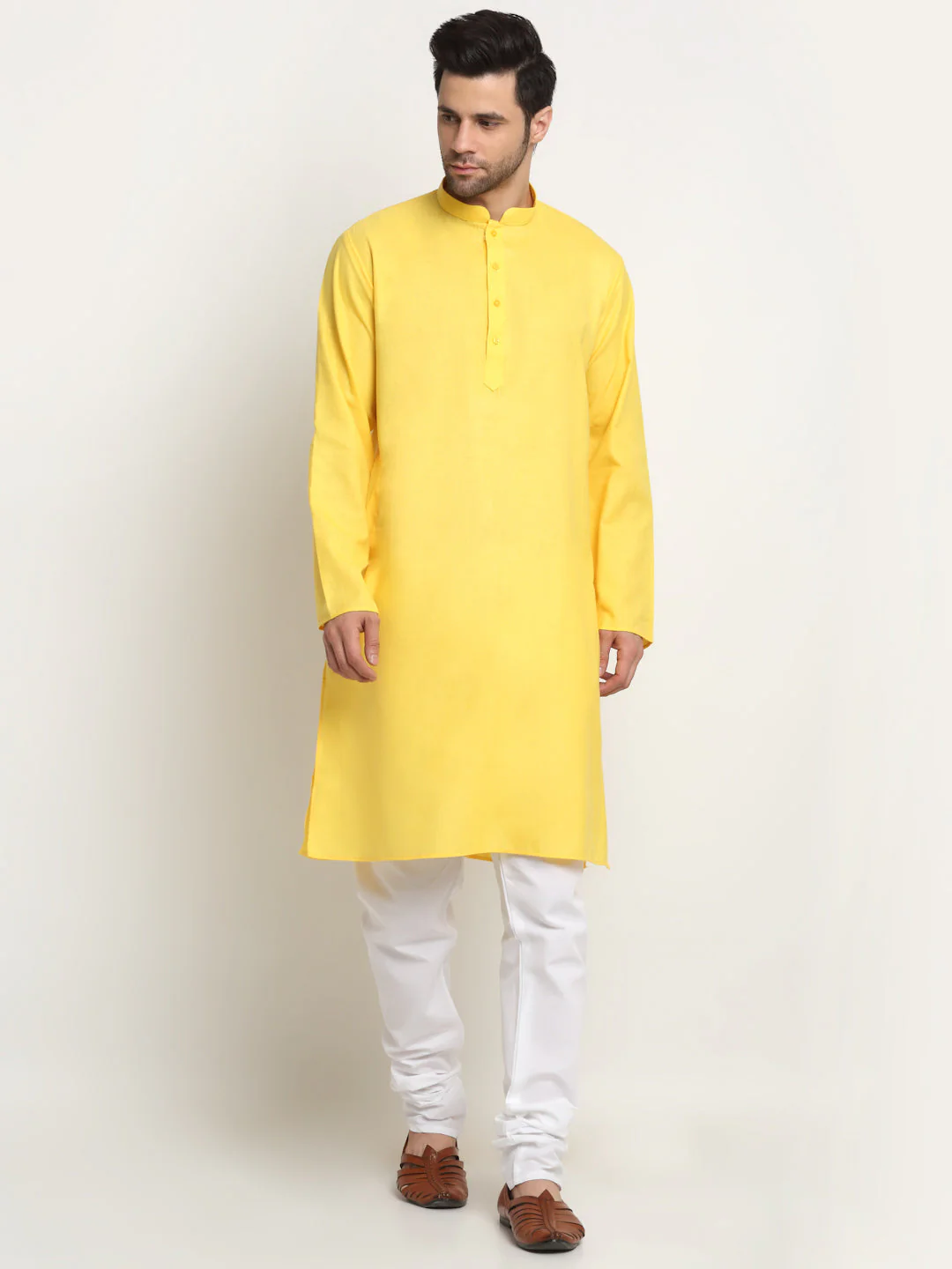 KRAFT INDIA Men's Cotton Solid Yellow Kurta Churidar With Twill Nehru Jacket Set - Image 7