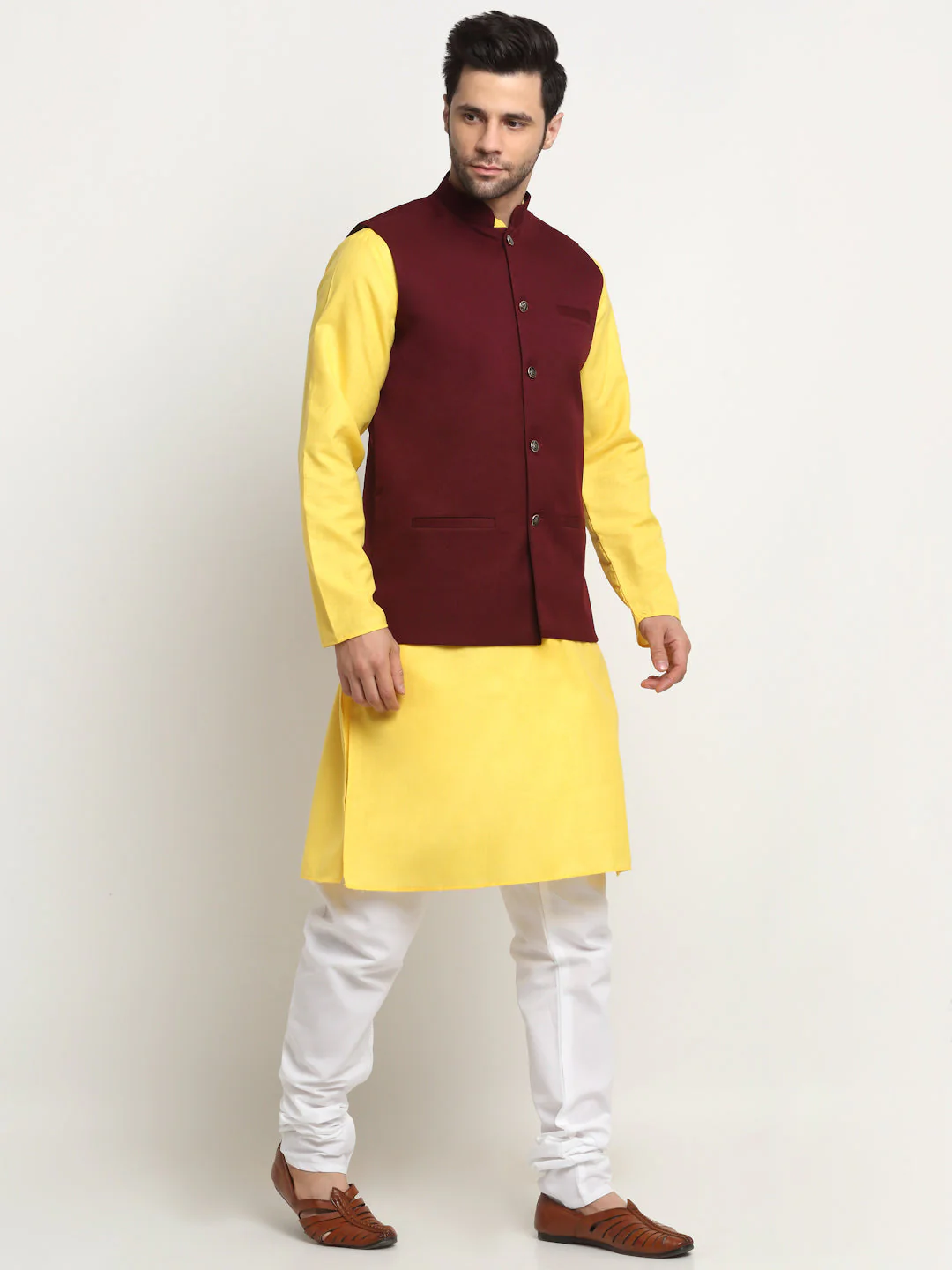 KRAFT INDIA Men's Cotton Solid Yellow Kurta Churidar With Twill Nehru Jacket Set - Image 92