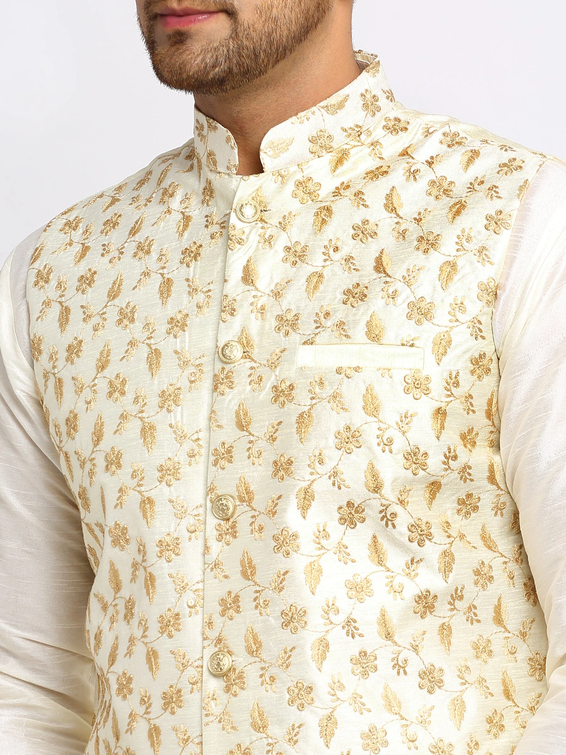 KRAFT INDIA Mens Cream Kurta and churidar with embroided Zari Nehru jacket - Image 11