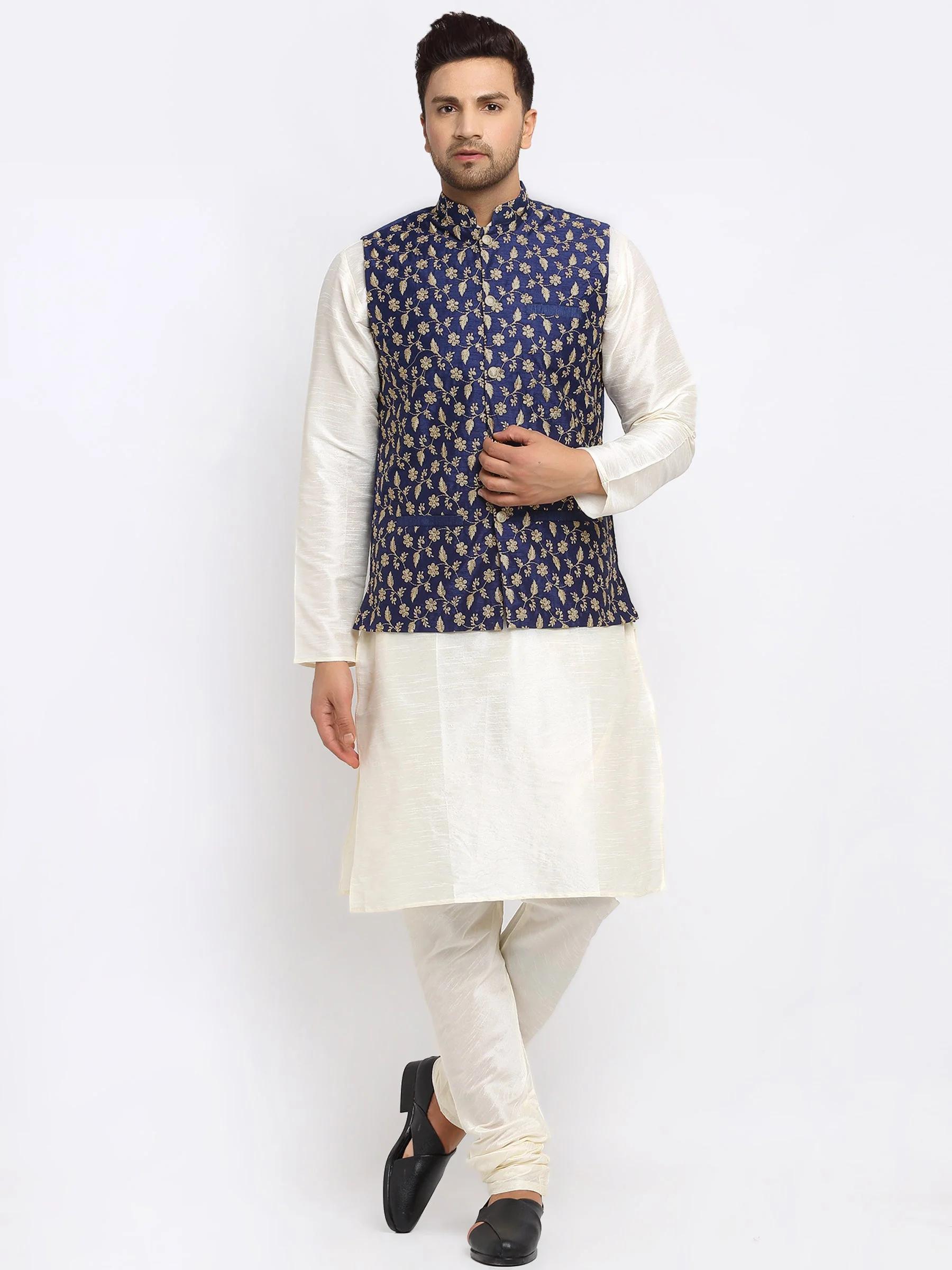 KRAFT INDIA Mens Cream Kurta and churidar with embroided Zari Nehru jacket - Image 188
