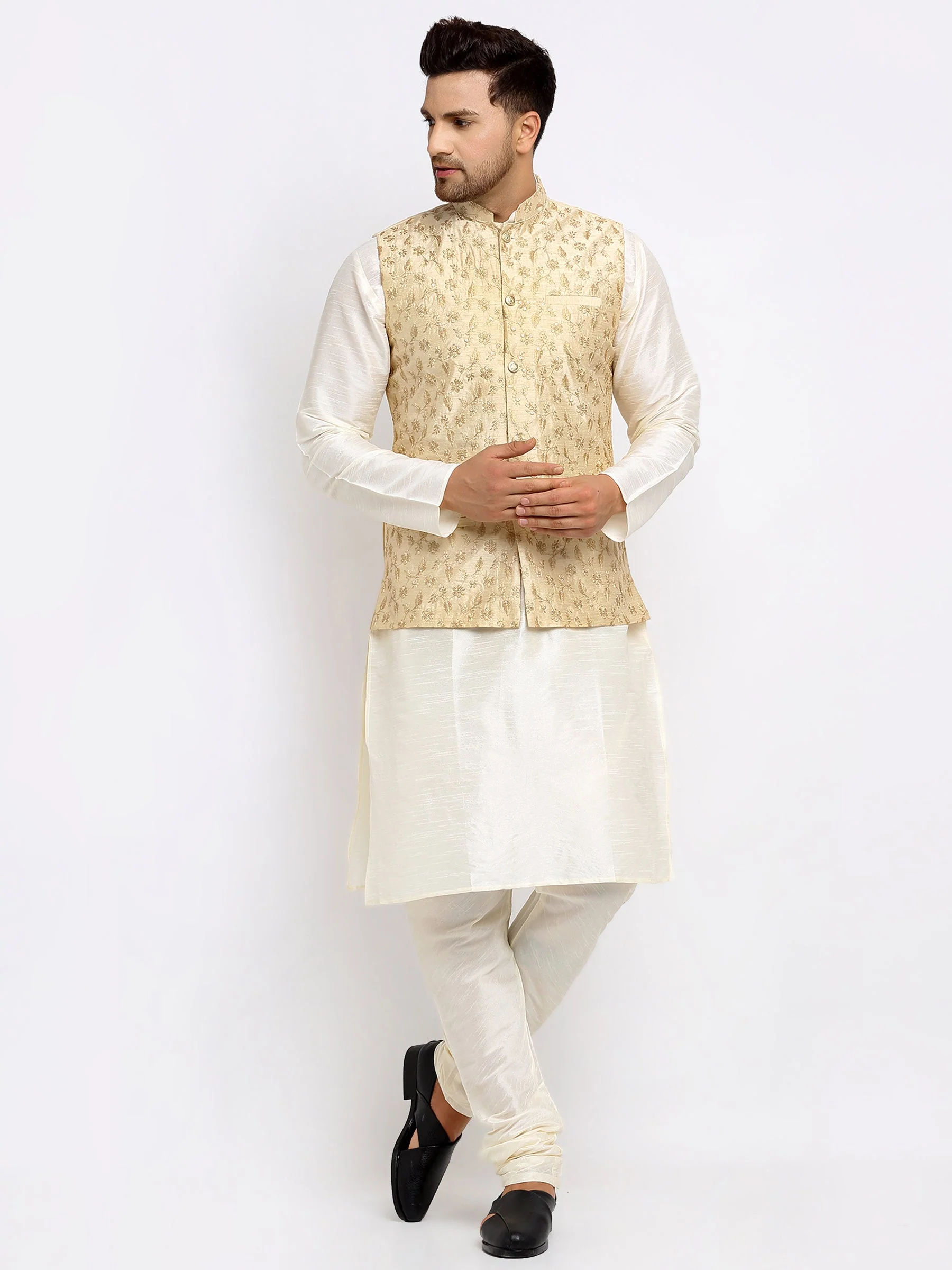 KRAFT INDIA Mens Cream Kurta and churidar with embroided Zari Nehru jacket - Image 194