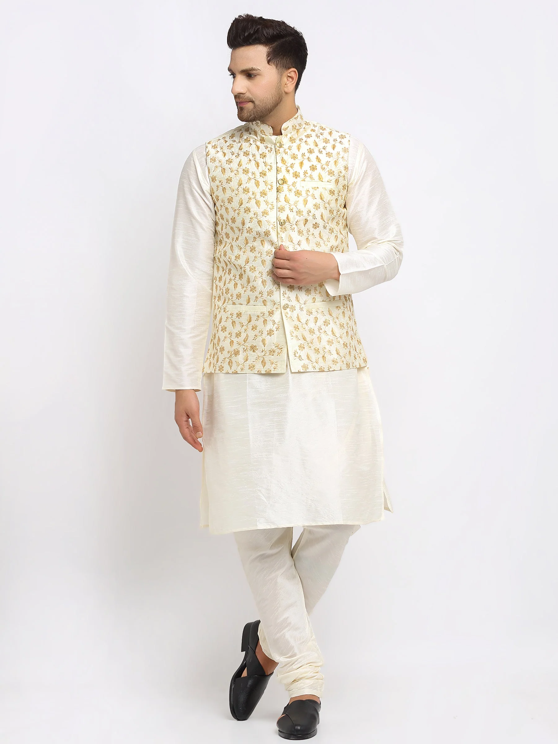 KRAFT INDIA Mens Cream Kurta and churidar with embroided Zari Nehru jacket - Image 246