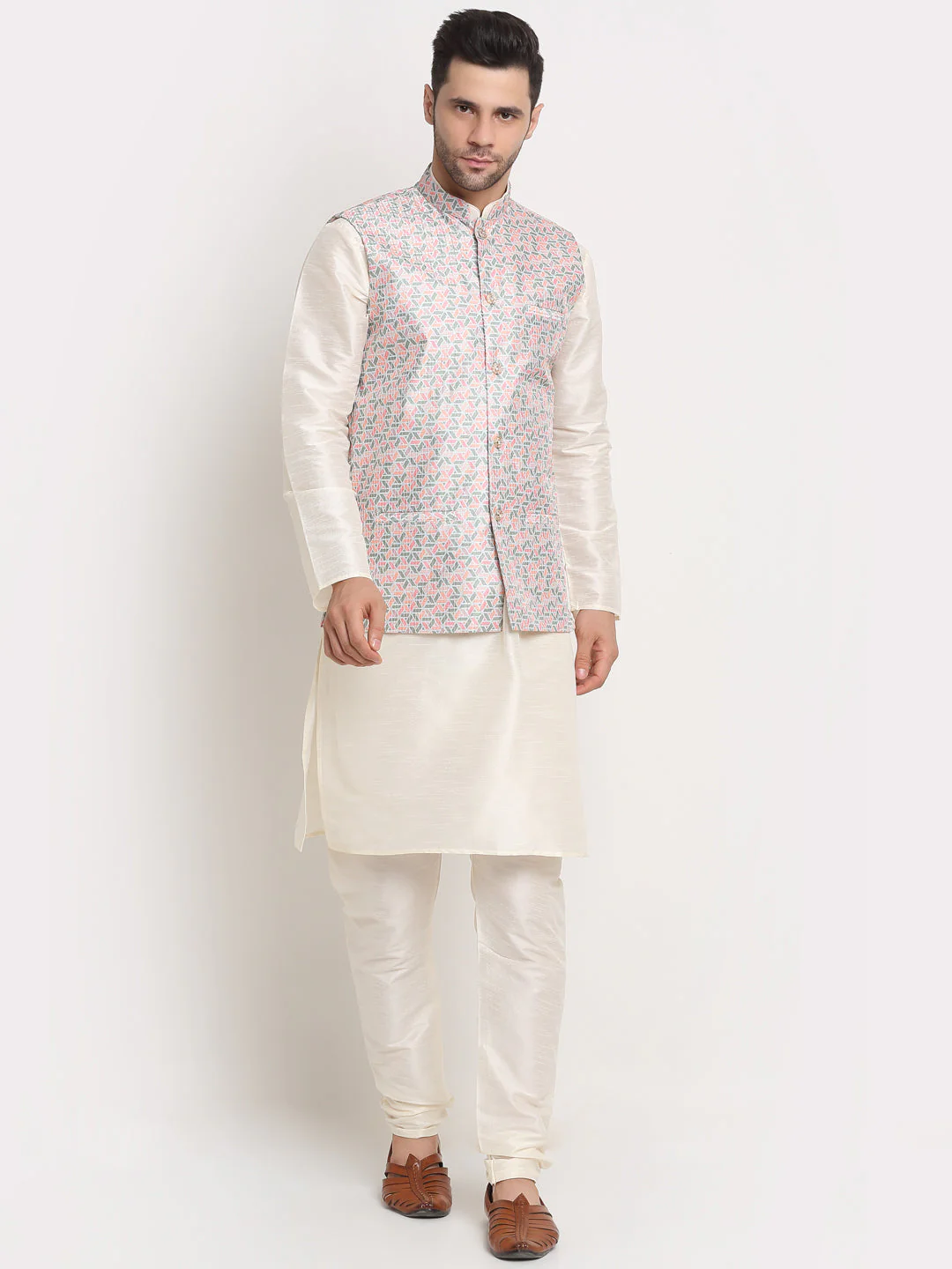 KRAFT INDIA Mens Cream Silk Blend Kurta and churidar with embroided Nehru jacket - Image 168