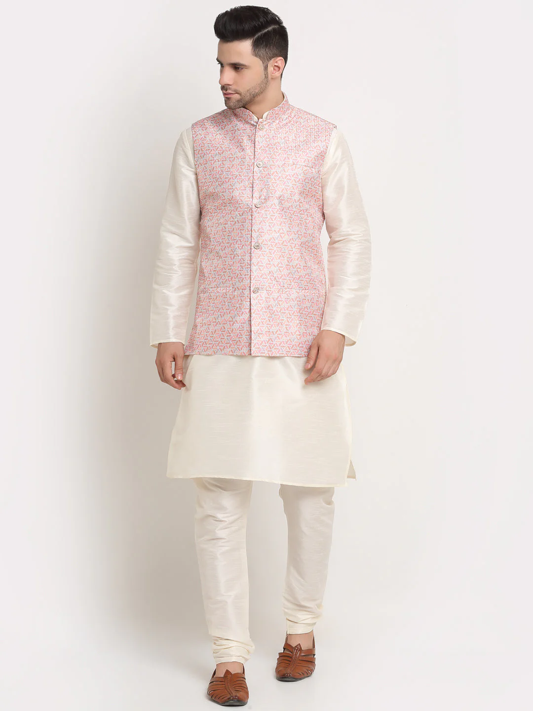 KRAFT INDIA Mens Cream Silk Blend Kurta and churidar with embroided Nehru jacket - Image 208