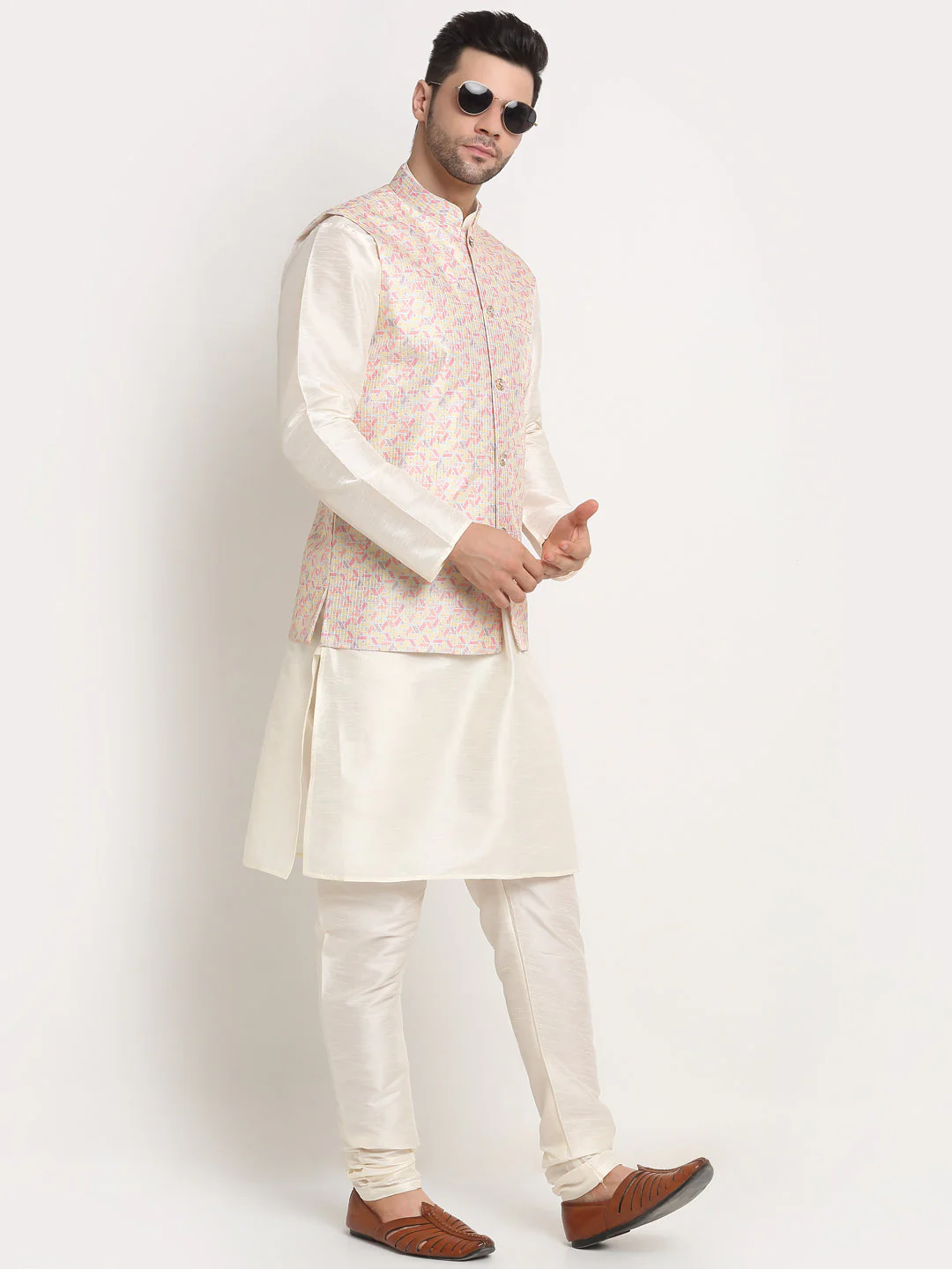 KRAFT INDIA Mens Cream Silk Blend Kurta and churidar with embroided Nehru jacket - Image 5