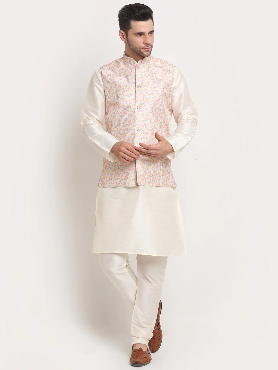 KRAFT INDIA Mens Cream Silk Blend Kurta and churidar with embroided Nehru jacket - Image 79