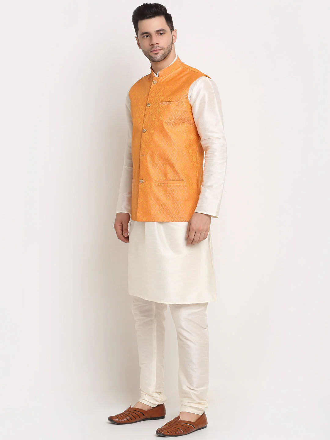 KRAFT INDIA Mens Cream Silk Blend Kurta and churidar with Paisley Nehru jacket - Image 11