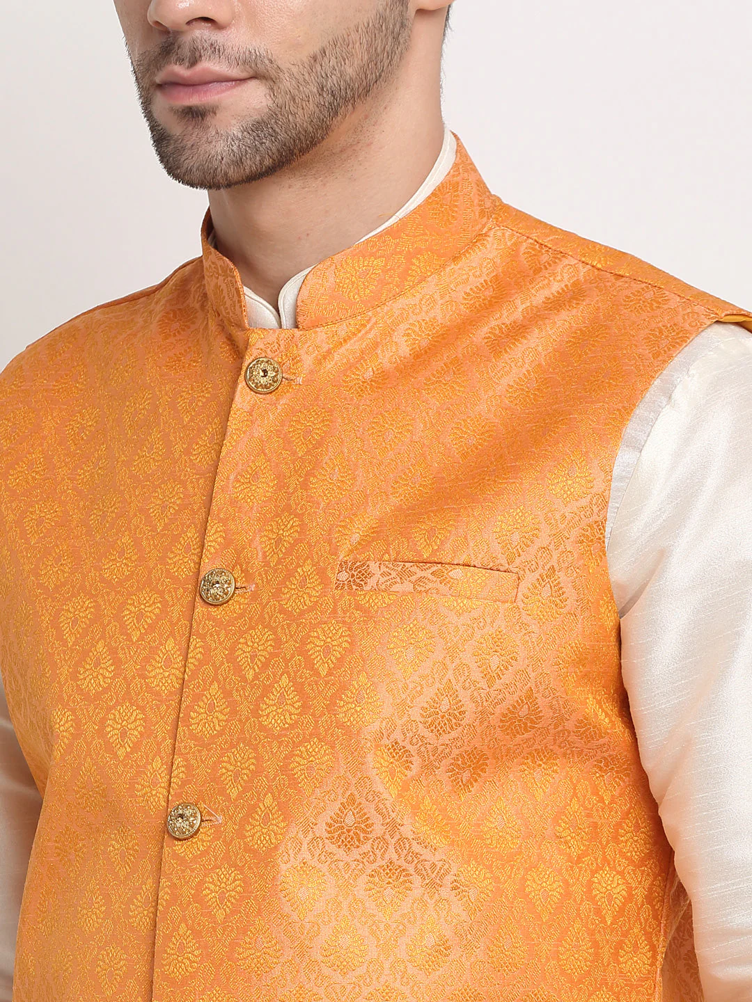 KRAFT INDIA Mens Cream Silk Blend Kurta and churidar with Paisley Nehru jacket - Image 12