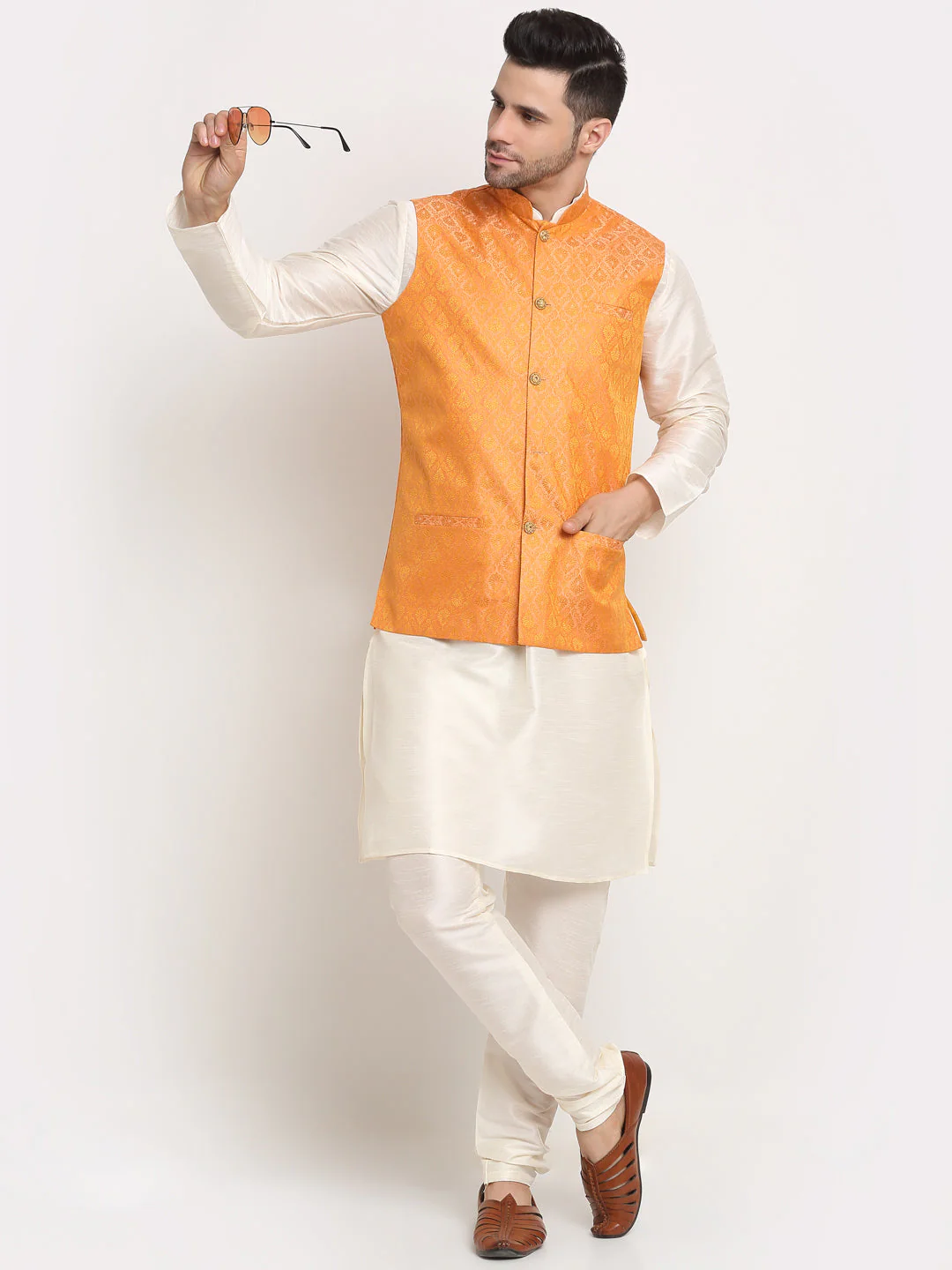 KRAFT INDIA Mens Cream Silk Blend Kurta and churidar with Paisley Nehru jacket - Image 13