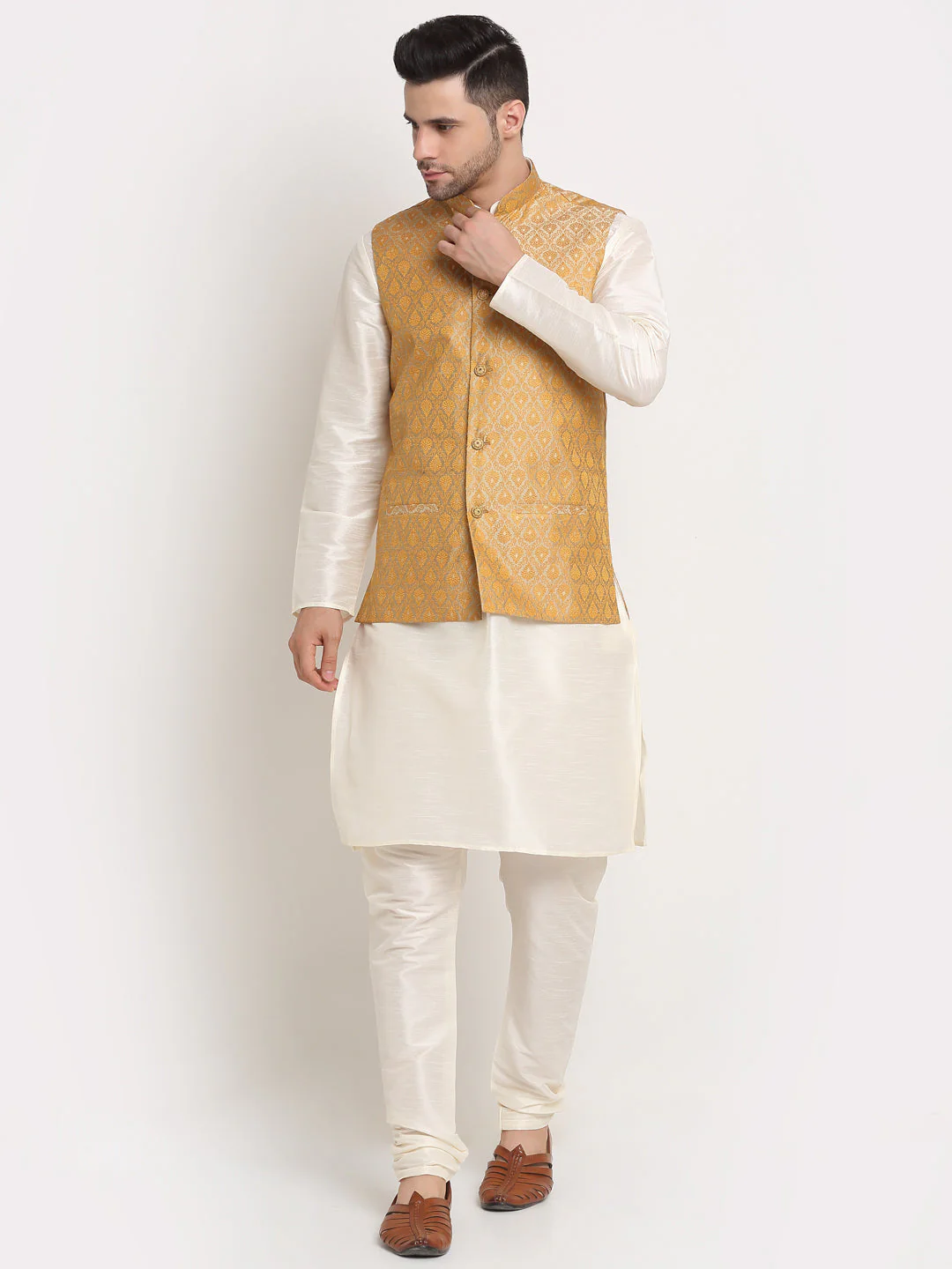 KRAFT INDIA Mens Cream Silk Blend Kurta and churidar with Paisley Nehru jacket - Image 182