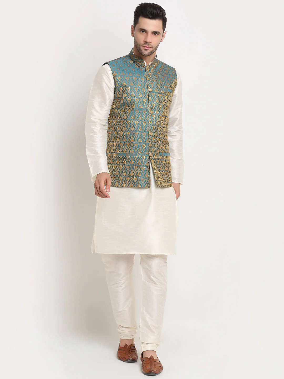 KRAFT INDIA Mens Cream Silk Blend Kurta and churidar with Paisley Nehru jacket - Image 192
