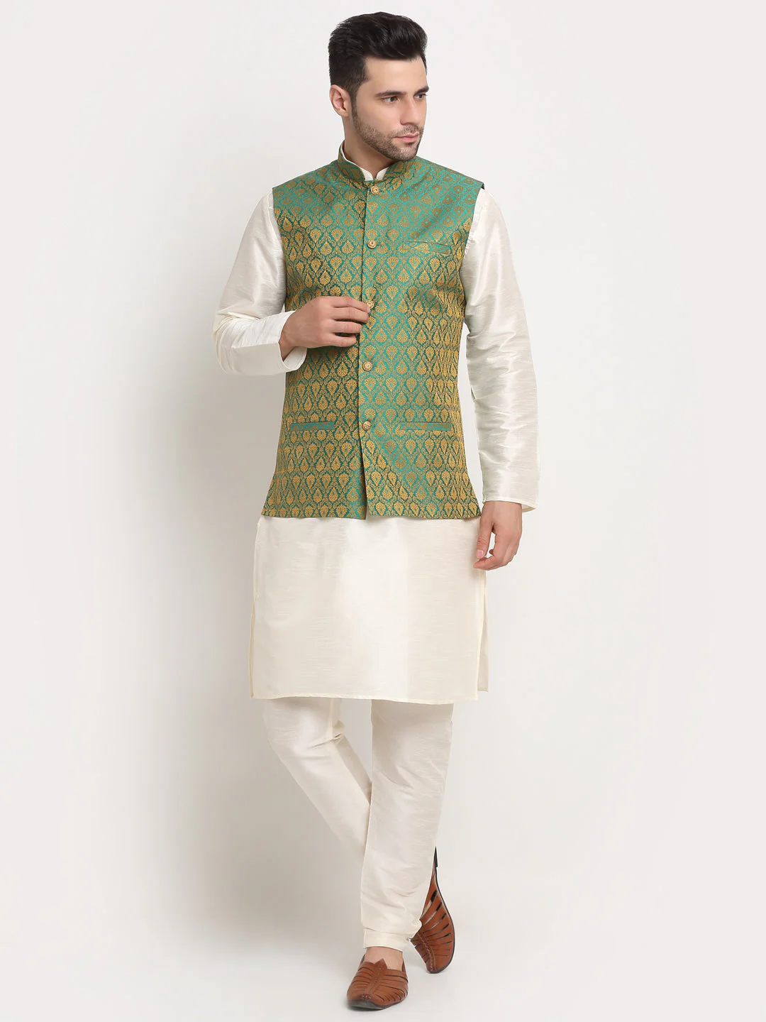 KRAFT INDIA Mens Cream Silk Blend Kurta and churidar with Paisley Nehru jacket - Image 195