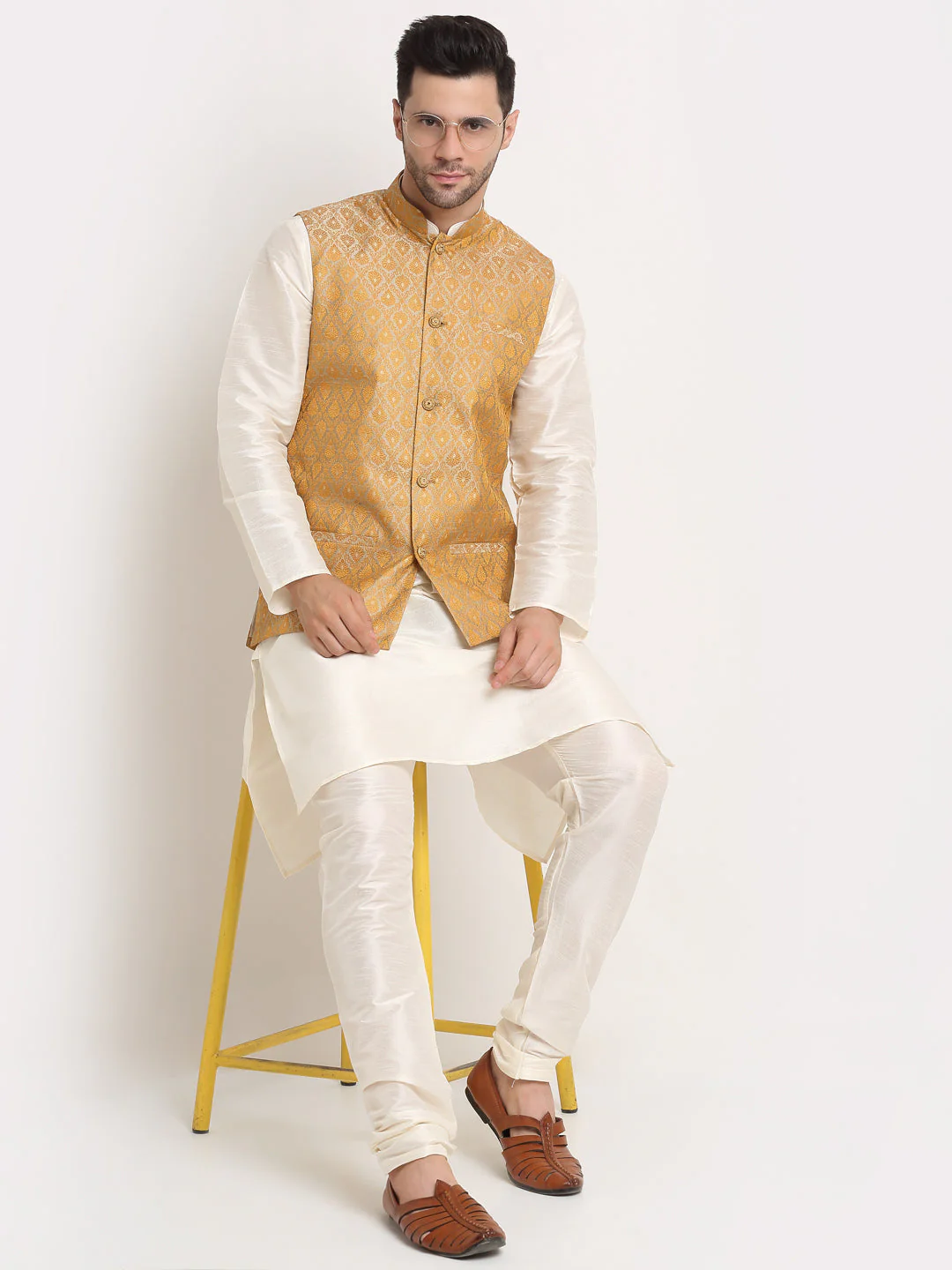 KRAFT INDIA Mens Cream Silk Blend Kurta and churidar with Paisley Nehru jacket - Image 21