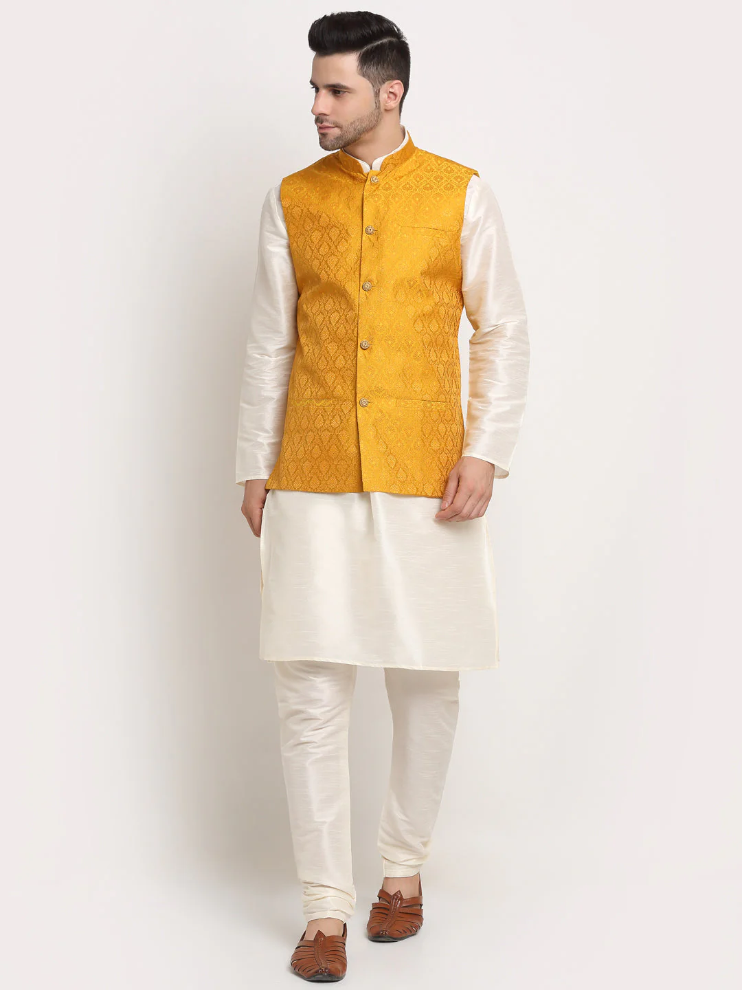KRAFT INDIA Mens Cream Silk Blend Kurta and churidar with Paisley Nehru jacket - Image 226