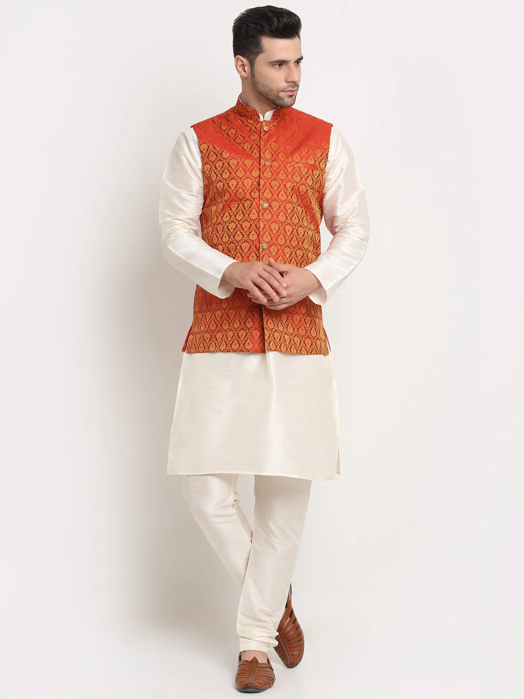 KRAFT INDIA Mens Cream Silk Blend Kurta and churidar with Paisley Nehru jacket - Image 237