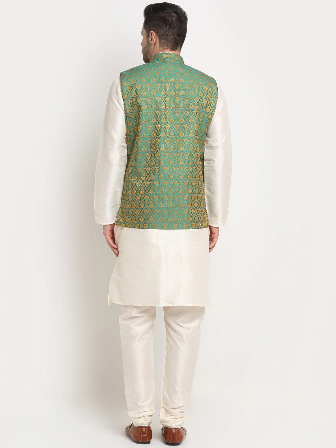 KRAFT INDIA Mens Cream Silk Blend Kurta and churidar with Paisley Nehru jacket - Image 26