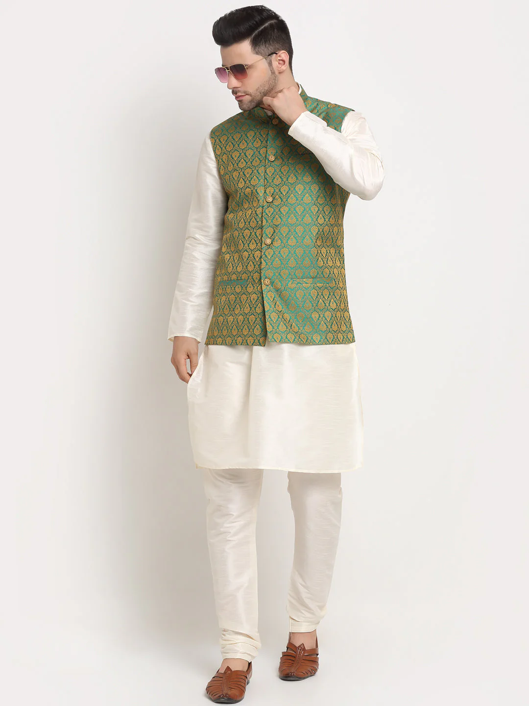 KRAFT INDIA Mens Cream Silk Blend Kurta and churidar with Paisley Nehru jacket - Image 29